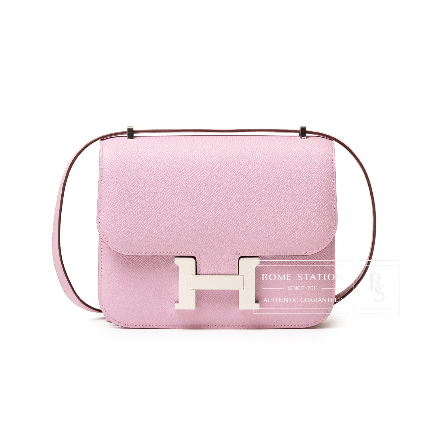 Front view of Hermès Constance 18 Mauve Sylvester Epsom Palladium with silver hardware and smooth leather texture