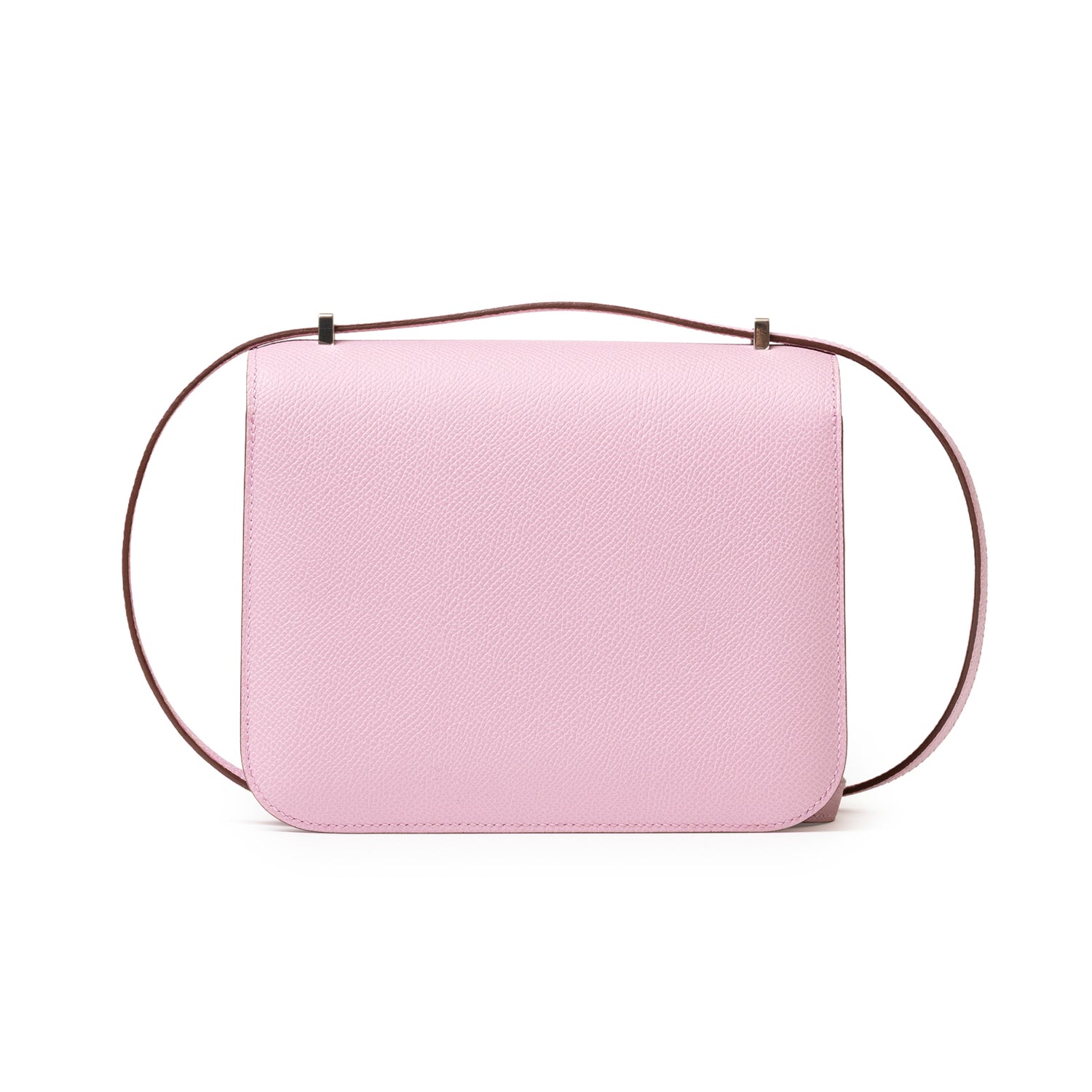 Back view of Hermès Constance 18 Mauve Sylvester Epsom Palladium showing smooth leather and slim strap