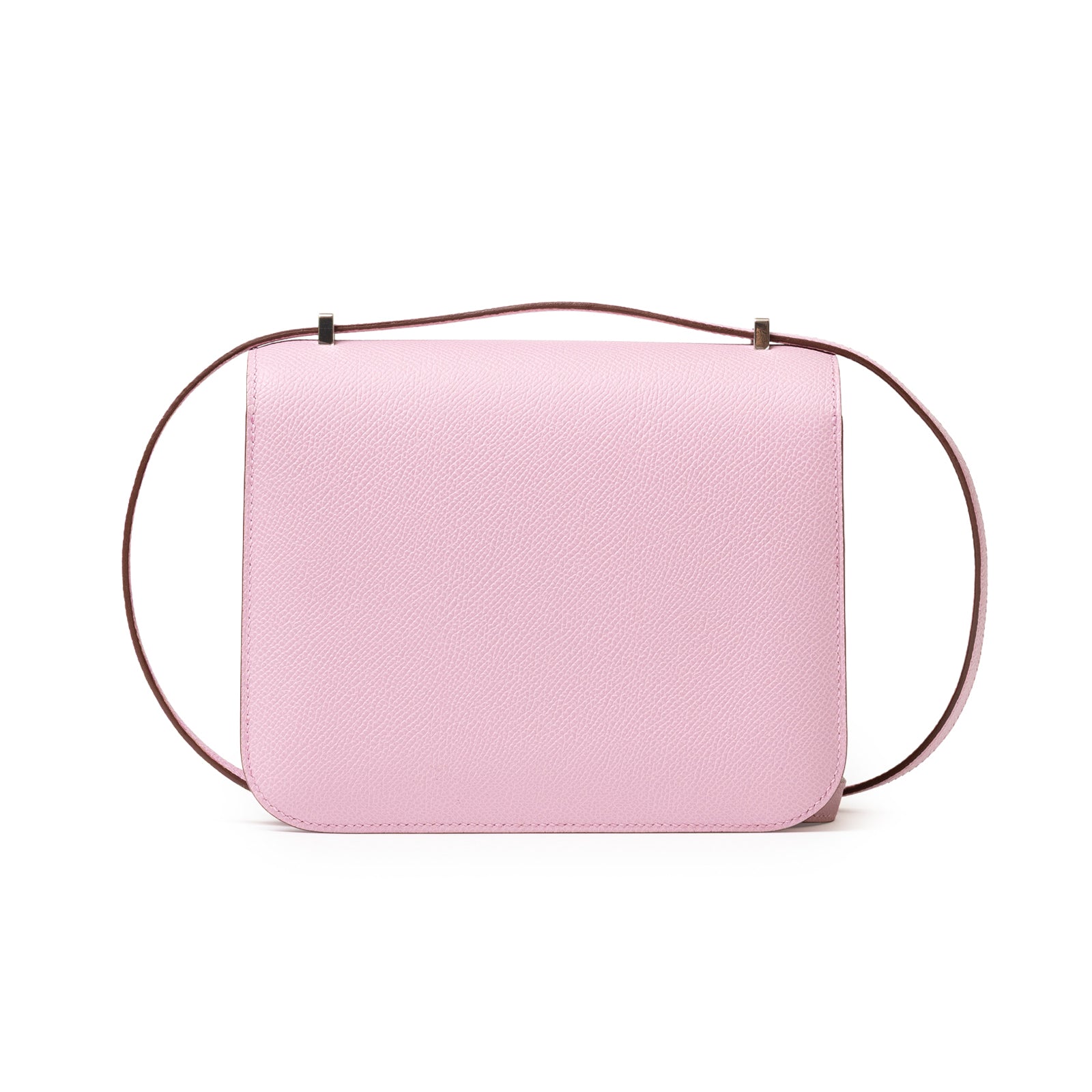 Back view of Hermès Constance 18 Mauve Sylvester Epsom Palladium showing smooth leather and slim strap