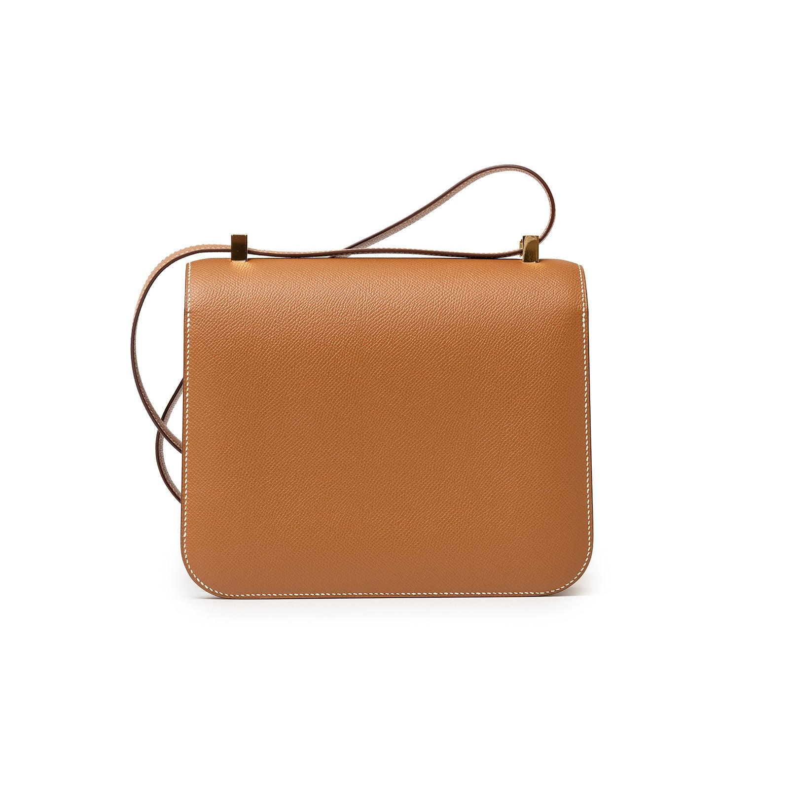 Back view of Hermès Constance 24 Gold Epsom Gold Hardware in tan leather with adjustable strap and stitching detail