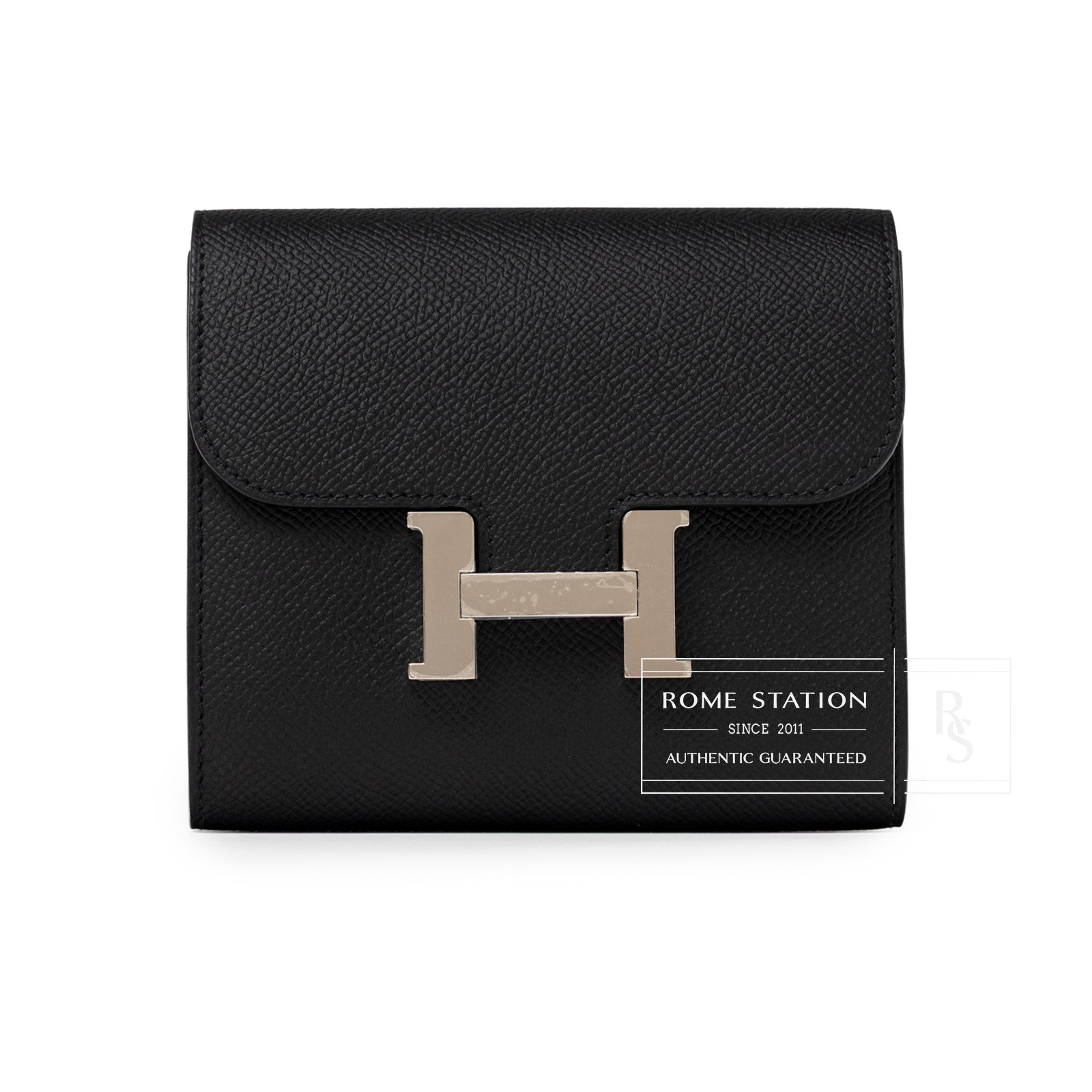 Front view of Hermès Constance Compact Wallet Black Epsom Palladium Hardware with textured leather and palladium clasp