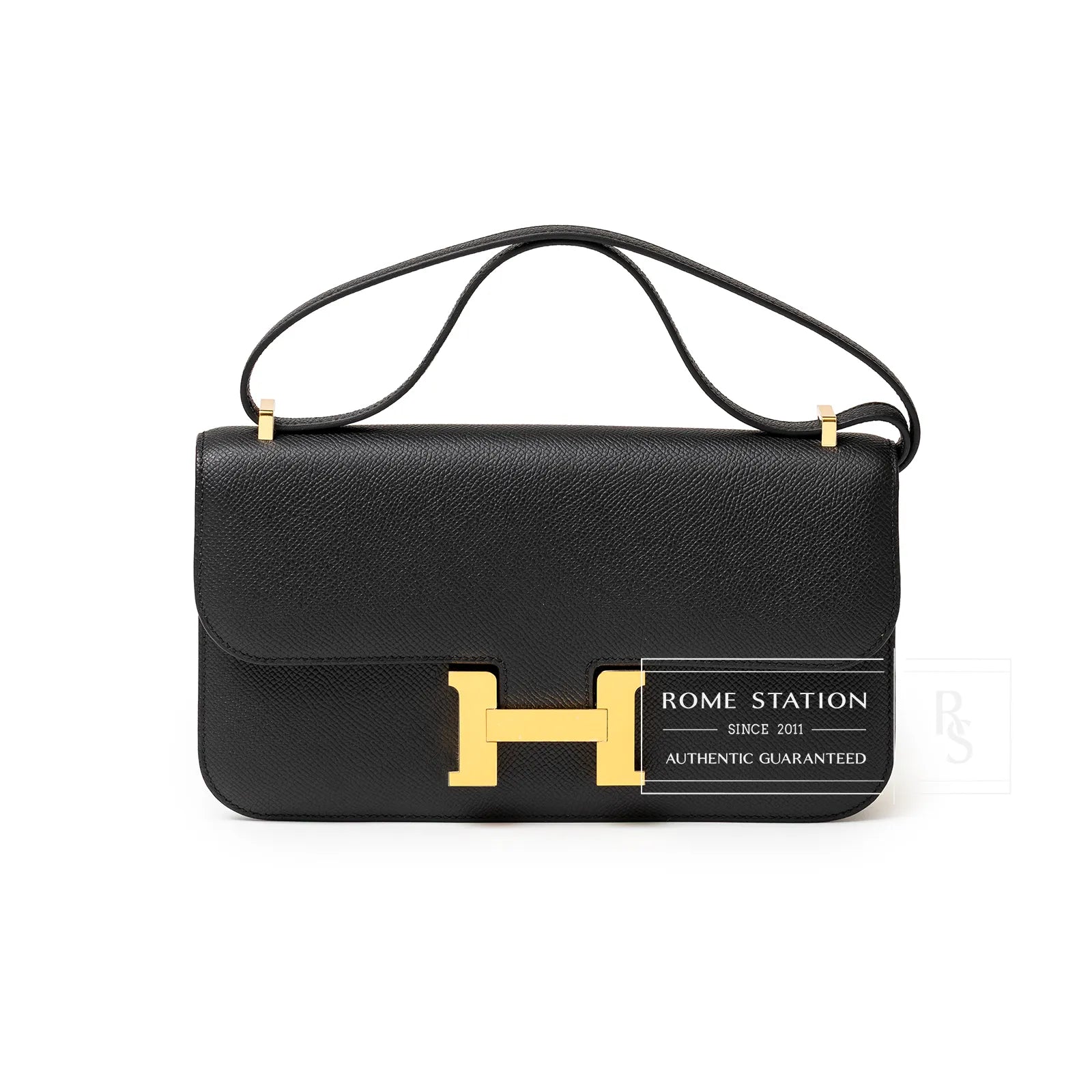 Front view of Hermès Constance Elan Black Epsom Gold Hardware shoulder bag with signature clasp and handle detail