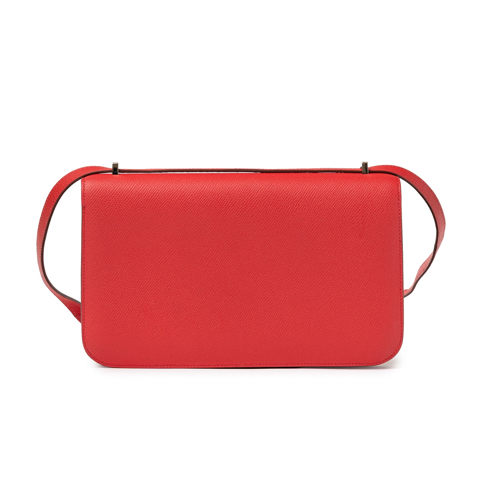 Back view of Hermès Constance Elan Rouge Epsom Palladium Hardware with smooth leather and strap detailing