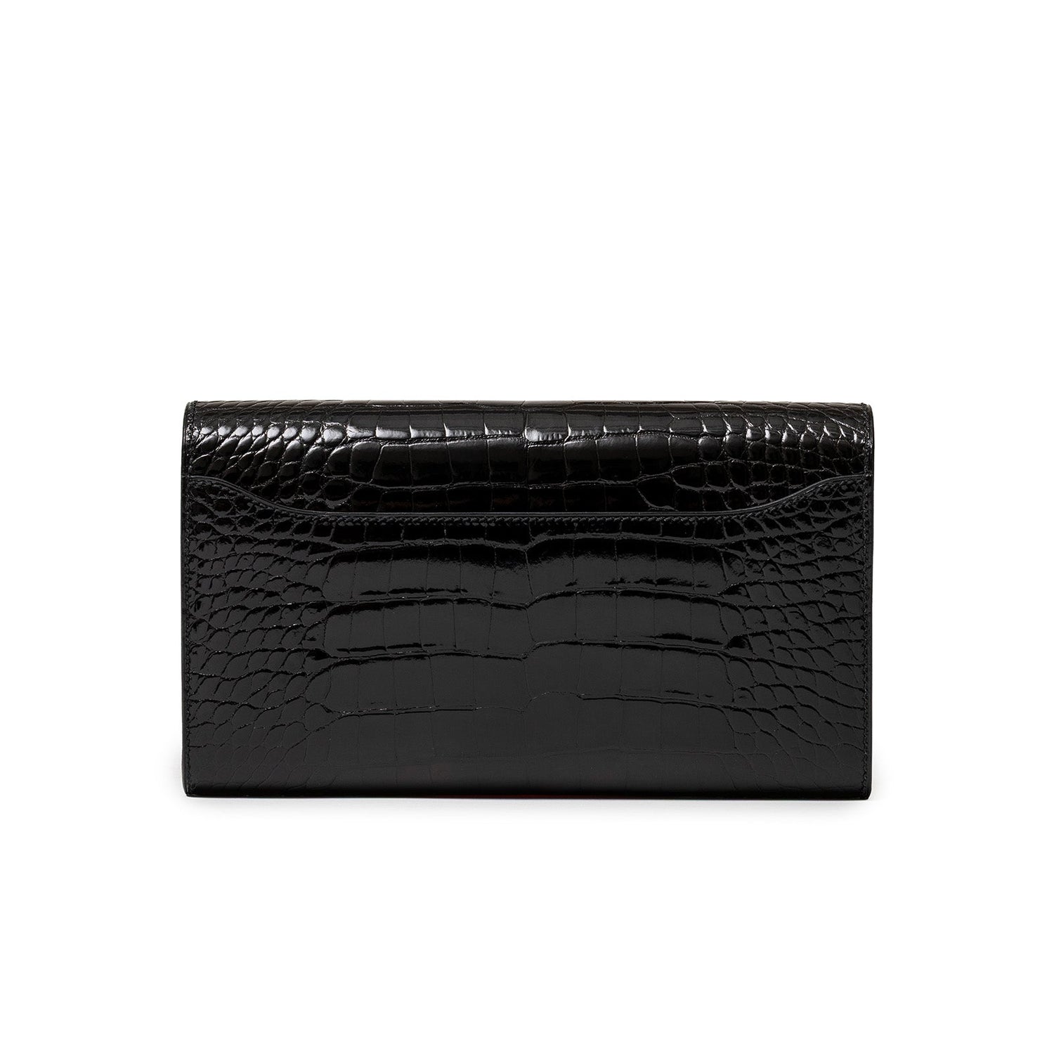 Front view of Hermès Constance Long Wallet Black Shiny Alligator Rose Gold Hardware showing detailed crocodile texture