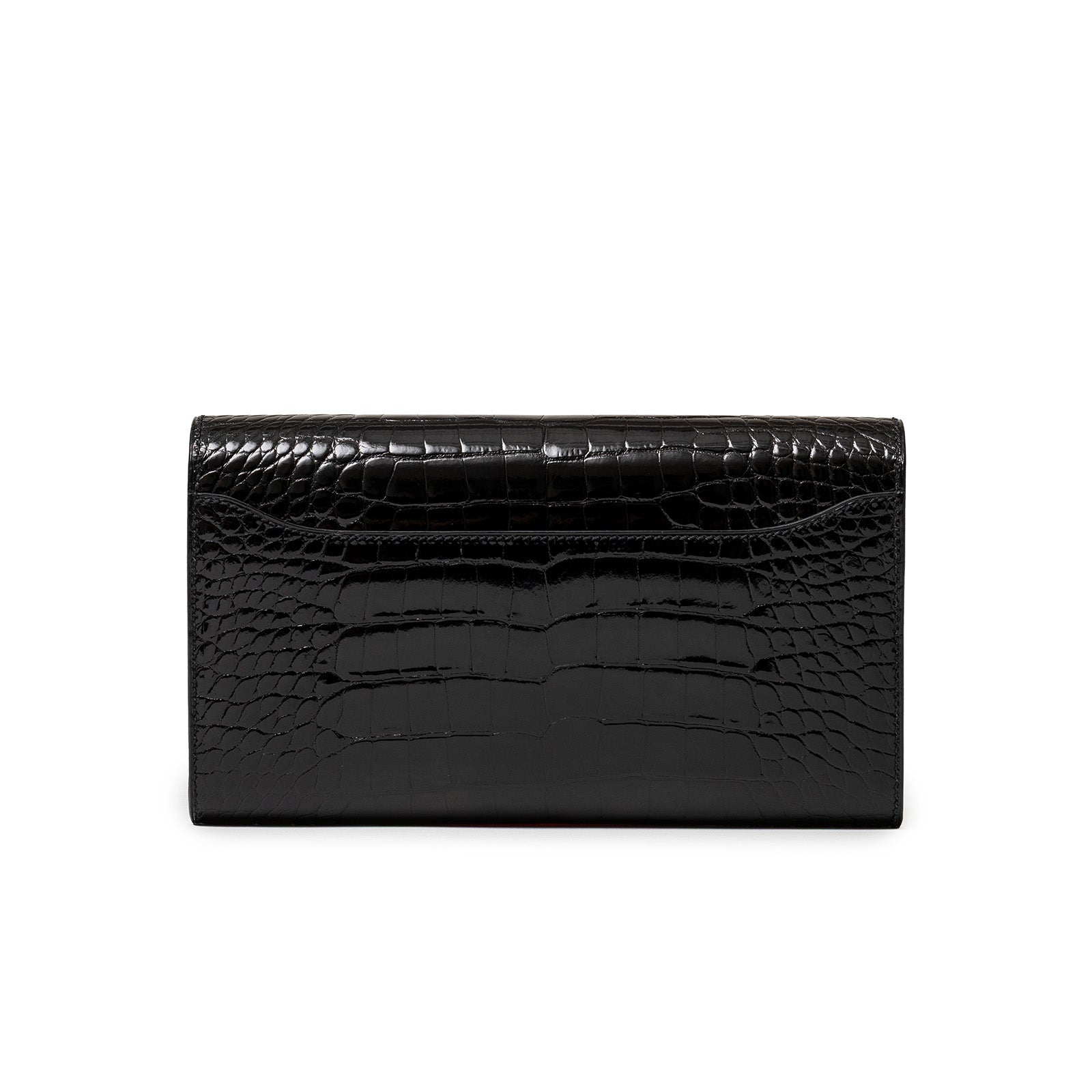 Front view of Hermès Constance Long Wallet Black Shiny Alligator Rose Gold Hardware showing detailed crocodile texture