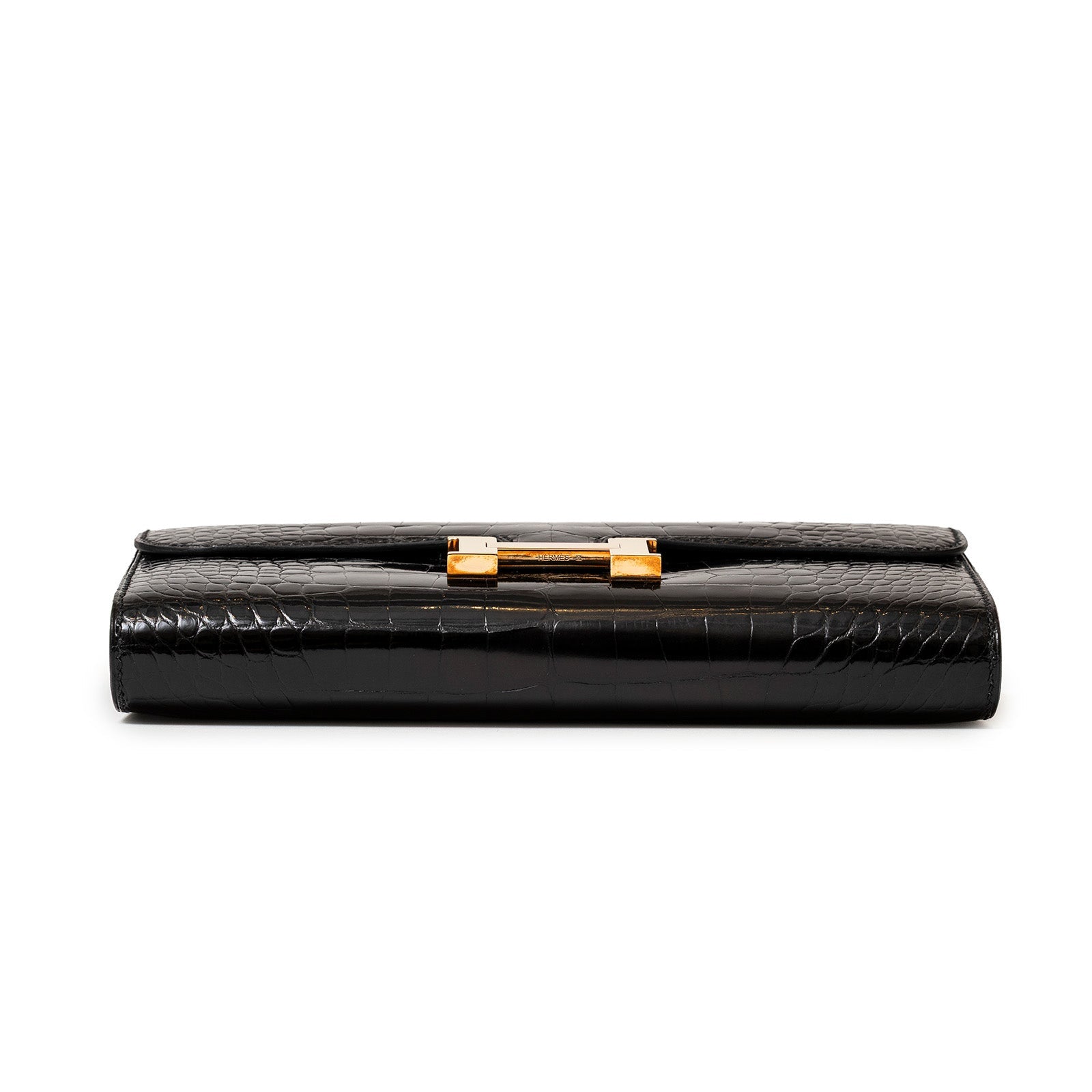 Hermès Constance Long Wallet in Black Shiny Alligator with Rose 