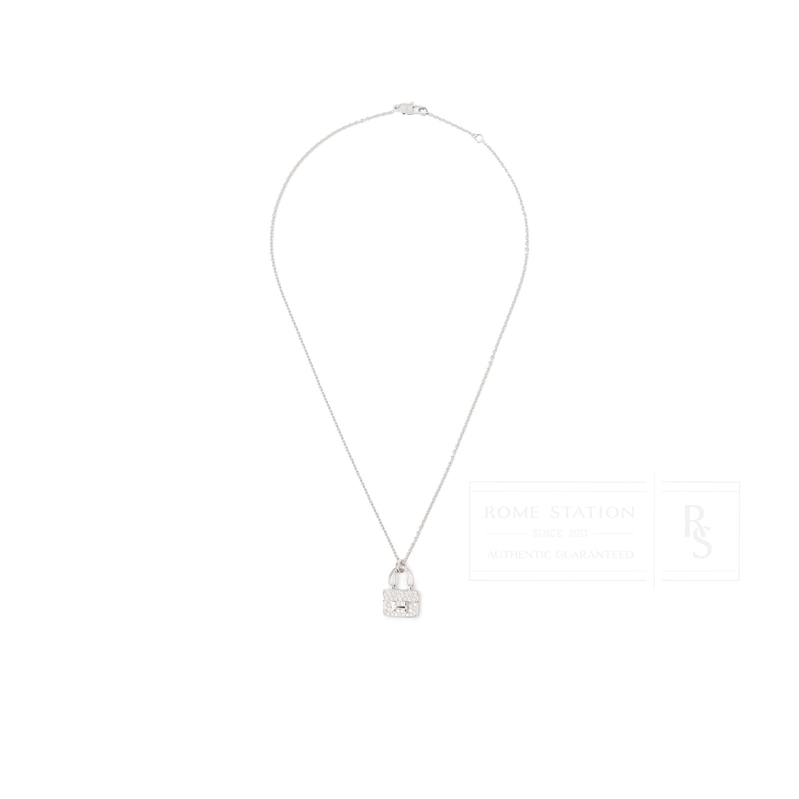 Front view of Hermès Constance Pendant 18K White Gold and Diamonds on delicate chain with clasp closure