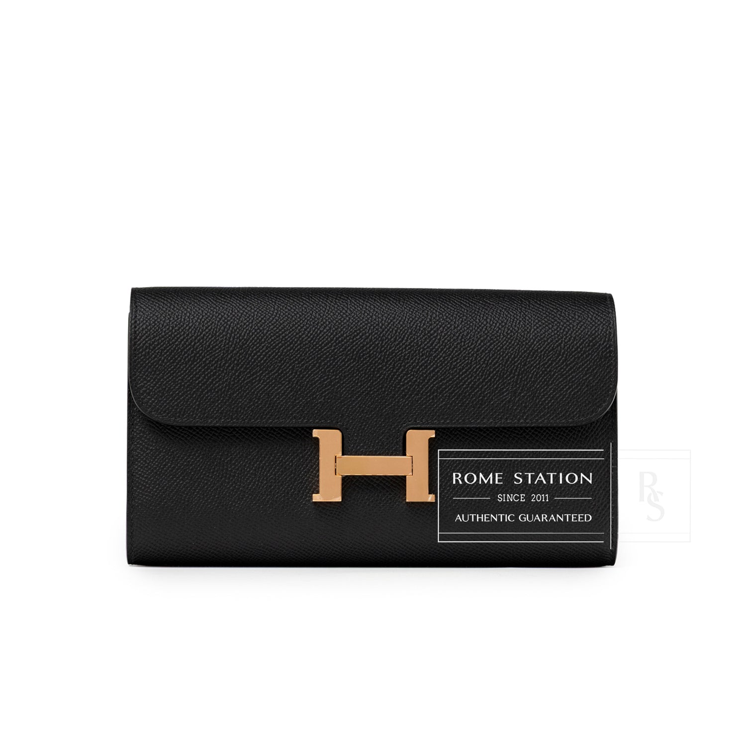 Front view of Hermès Constance To Go Wallet Black Epsom Rose Gold Hardware with signature H clasp detail