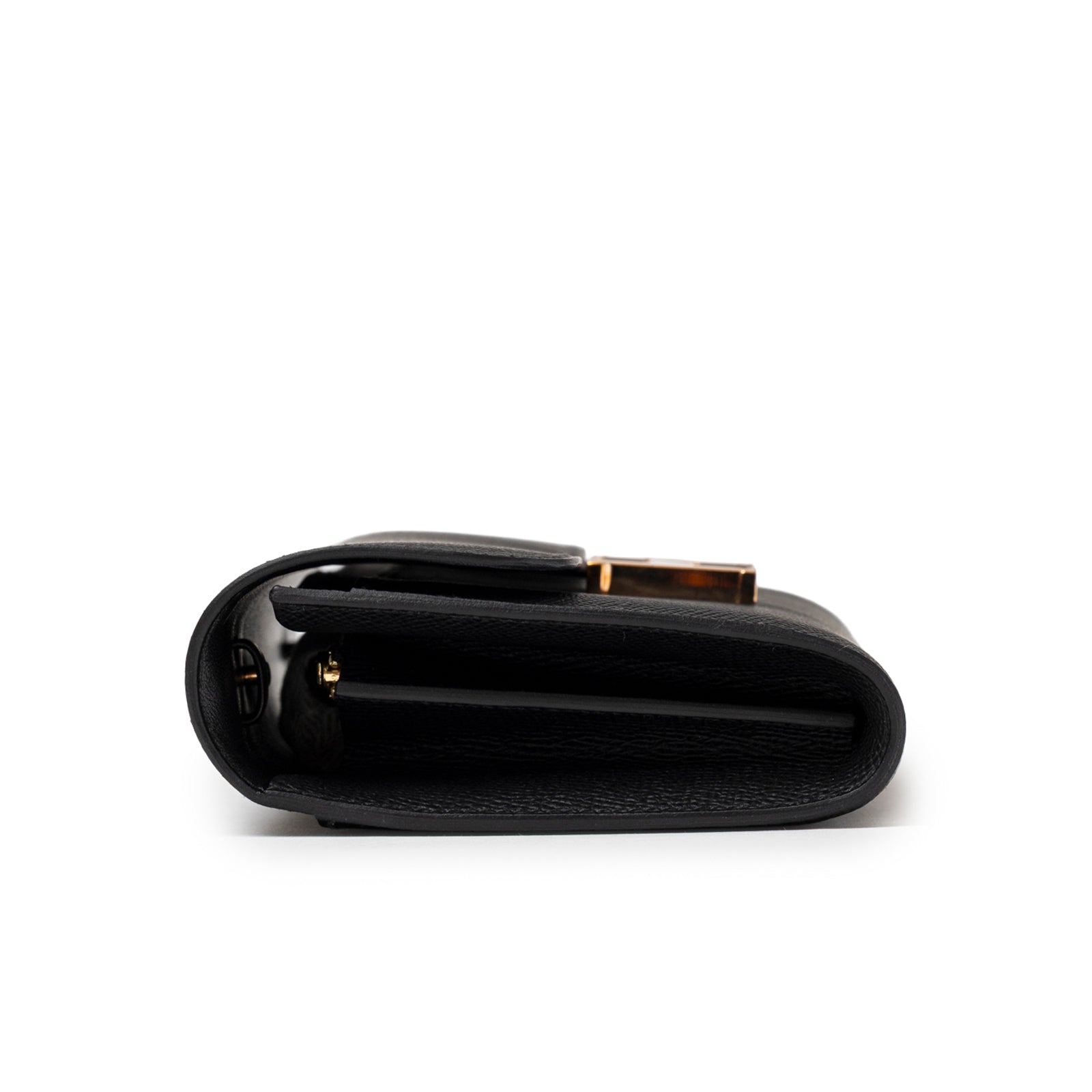 Side view of Hermès Constance To Go Wallet Black Epsom Rose Gold Hardware showing folded leather layers and interior compartments