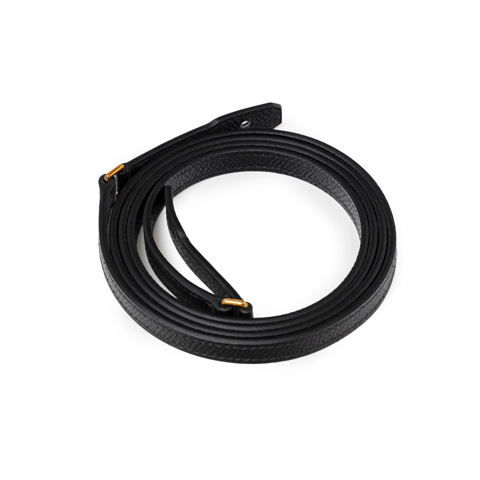 Coiled black Epsom leather strap with rose gold hardware for Hermès Constance To Go Wallet Black Epsom Rose Gold Hardware