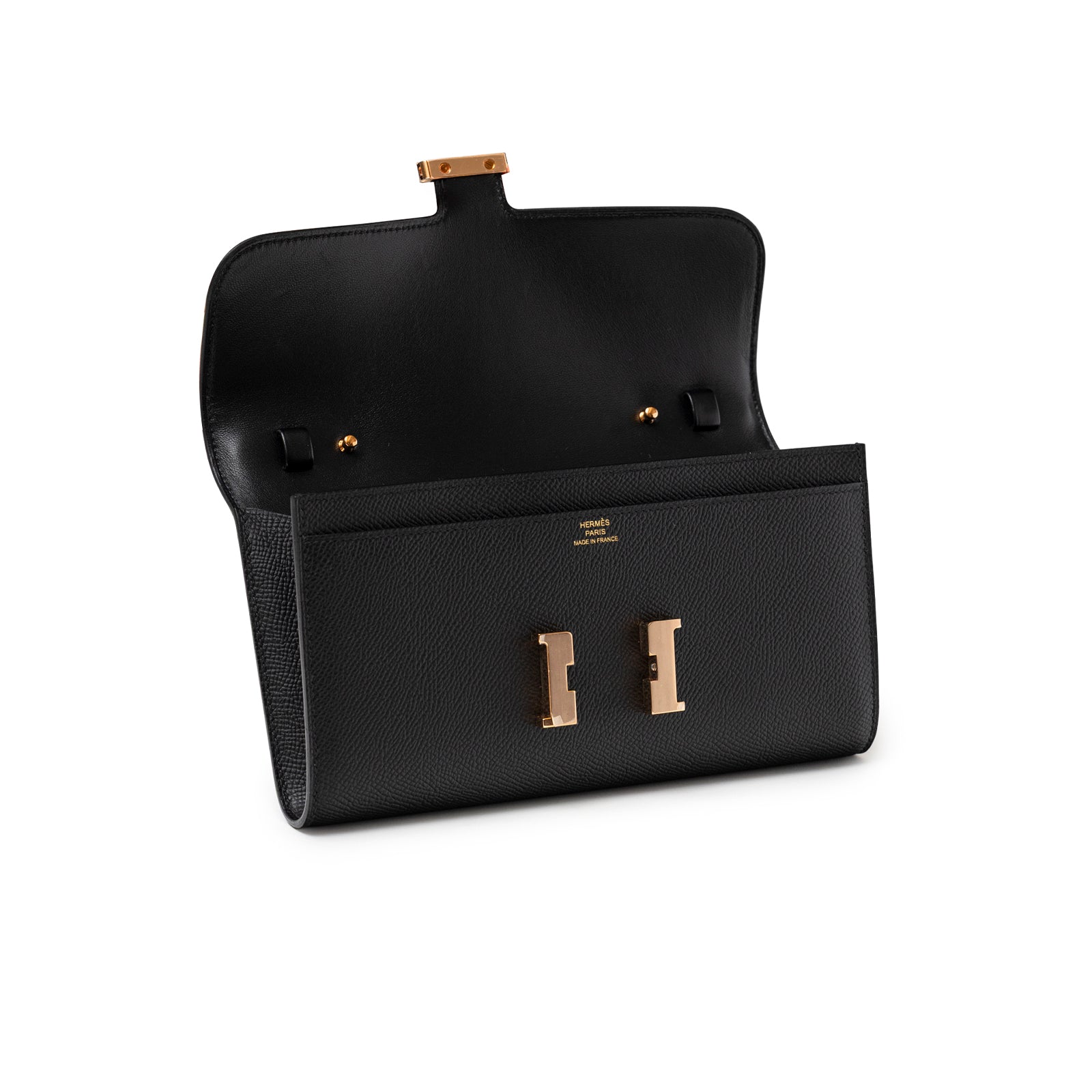 Open view of Hermès Constance To Go Wallet Black Epsom Rose Gold Hardware showing interior and signature clasp detail