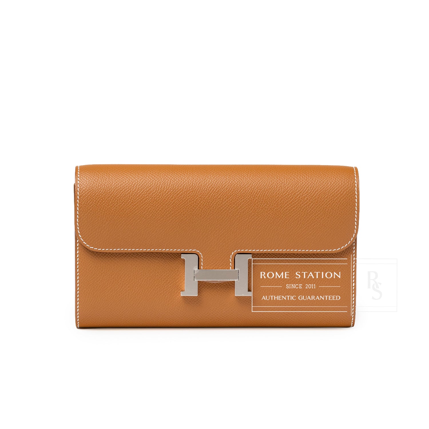 Front view of Hermès Constance To Go Wallet Gold Epsom Palladium Hardware showing smooth textured leather and silver clasp detail