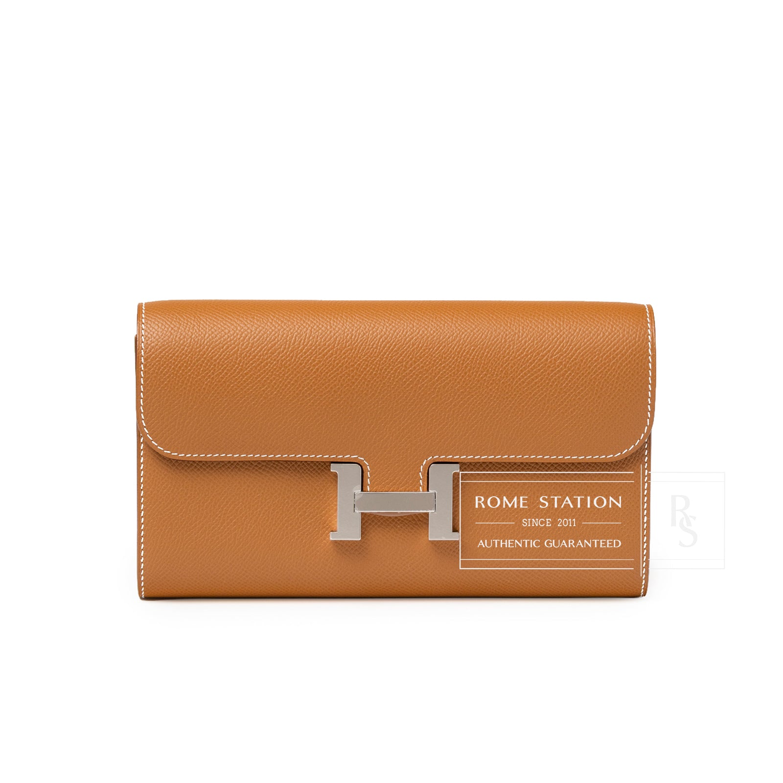 Front view of Hermès Constance To Go Wallet Gold Epsom Palladium Hardware showing smooth textured leather and silver clasp detail