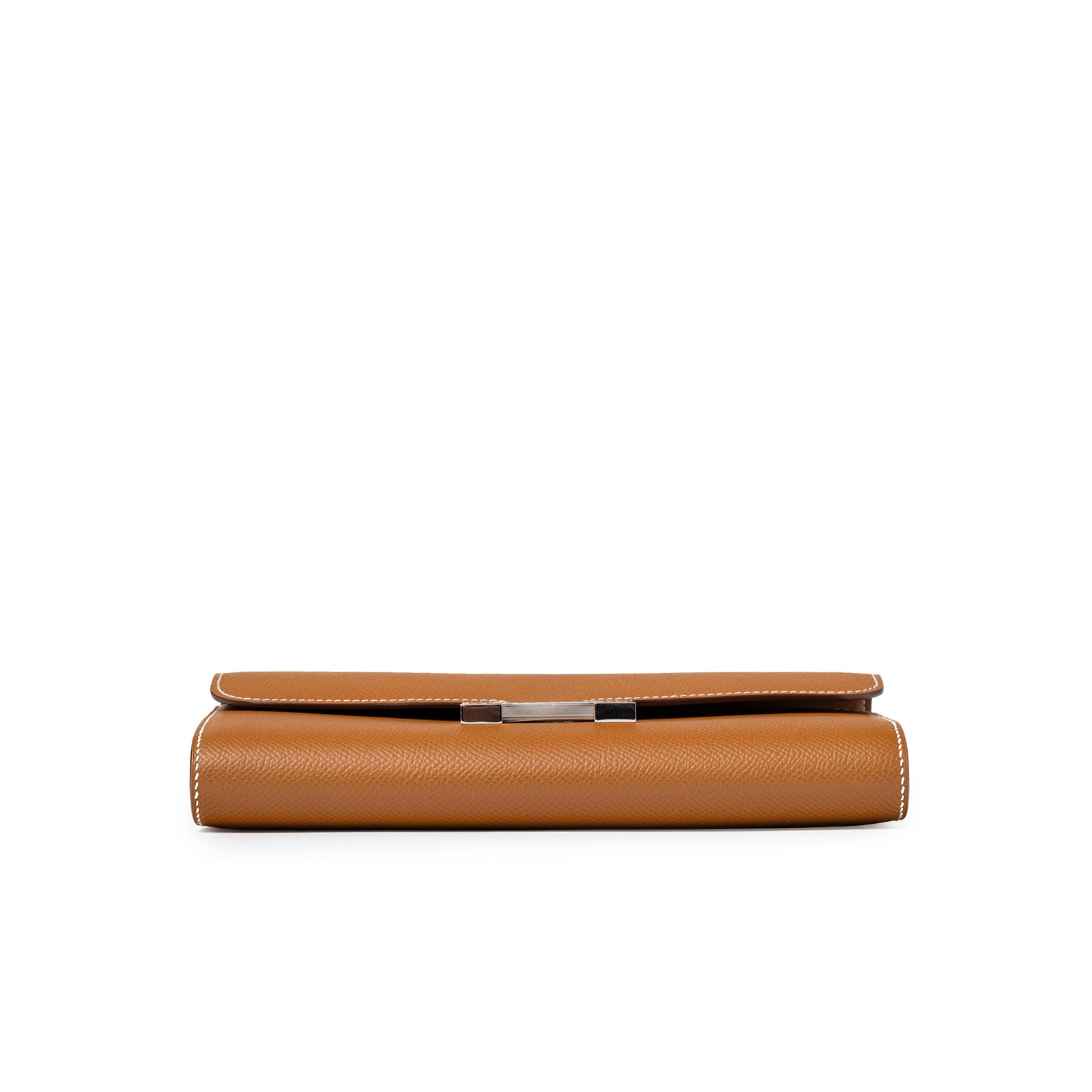 Side profile of Hermès Constance To Go Wallet Gold Epsom Palladium Hardware showing smooth leather and clasp detail