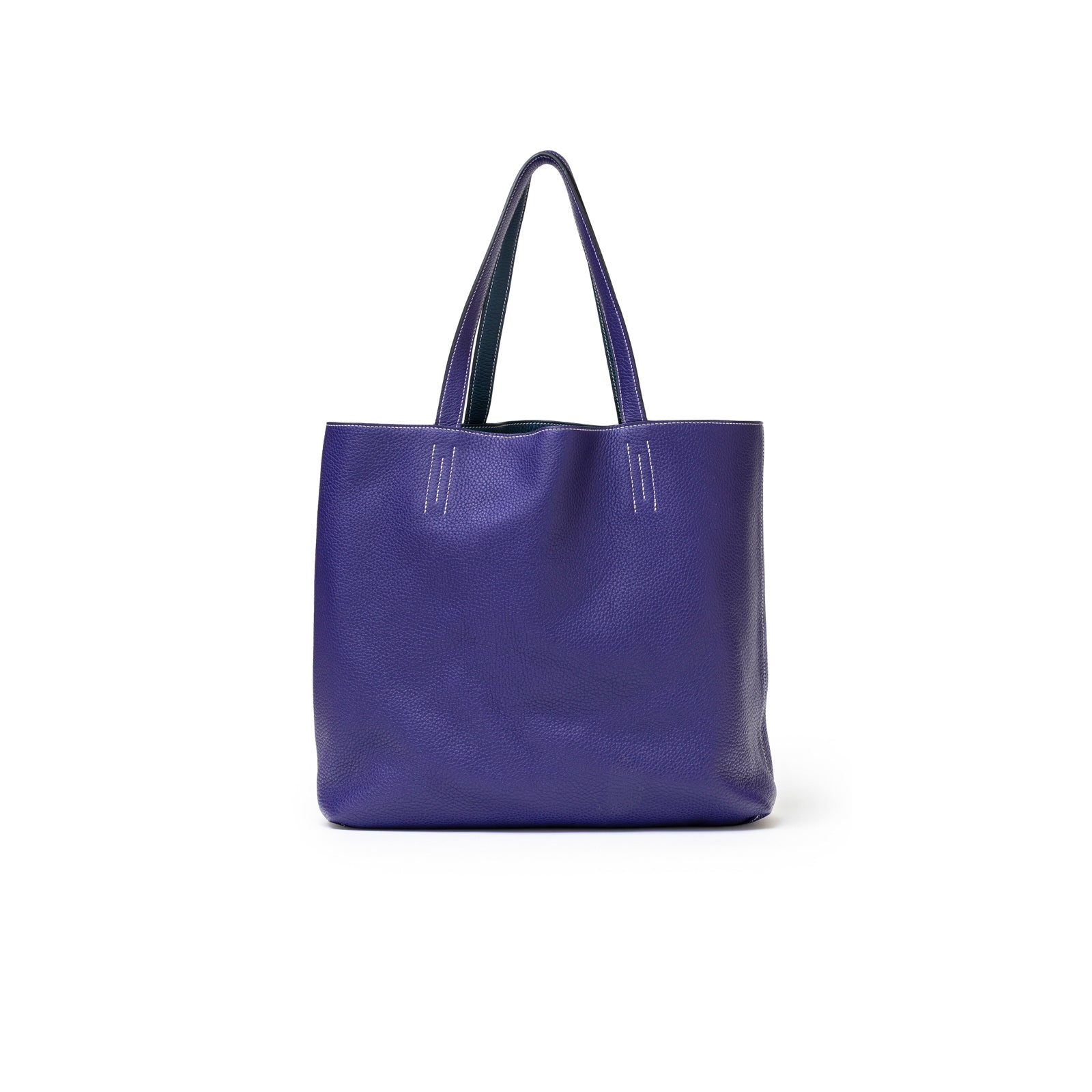 Front view of Hermès Double Sens Reversible Bicolor Shoulder Bag Clemence Violet/Blue in violet leather with double handles