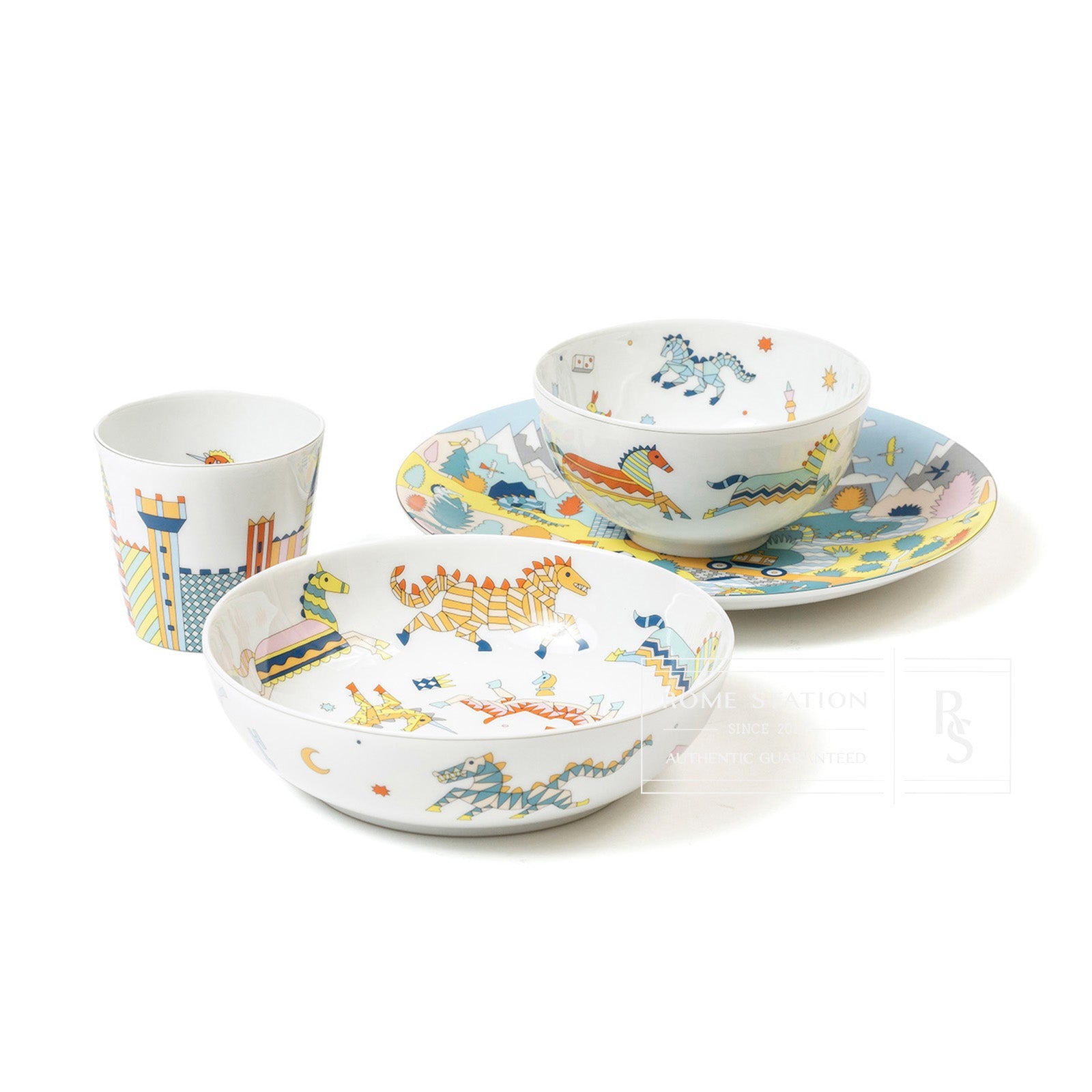 Hermès Epopee Set of 4; 2 Plate/1 Bowl/1 Cup Tableware Set