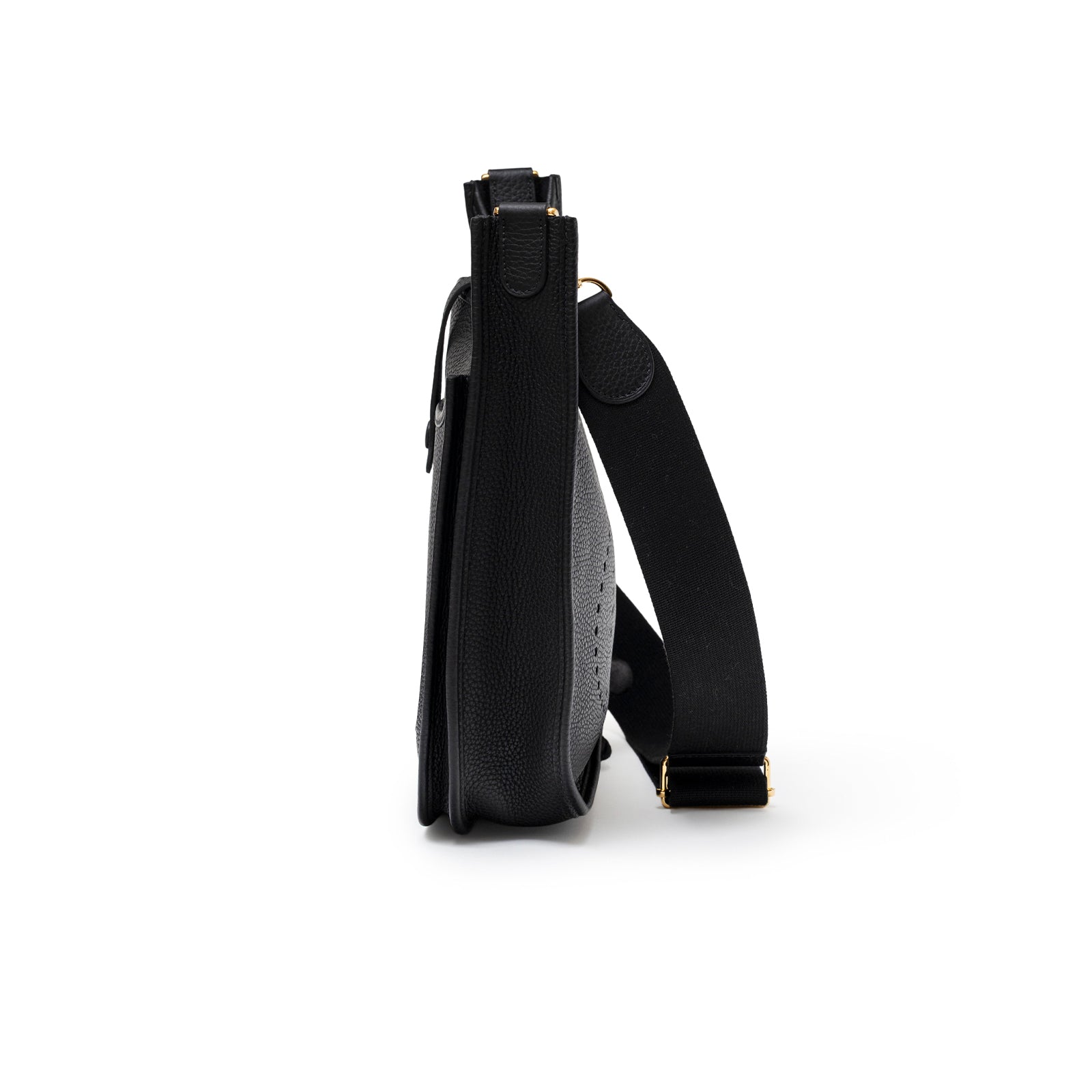 Side view of Hermès Evelyne PM 29 Black Clemence Gold Hardware with visible thick shoulder strap detail