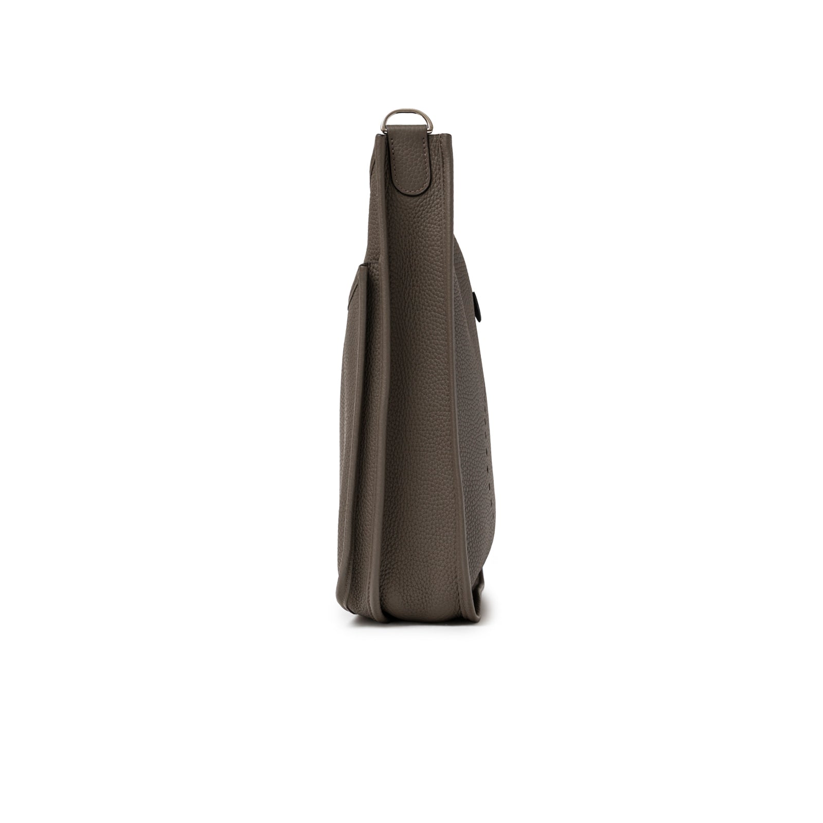 Side view of Hermès Evelyne PM 29 Etain Clemence Palladium Hardware highlighting leather grain and slim silhouette