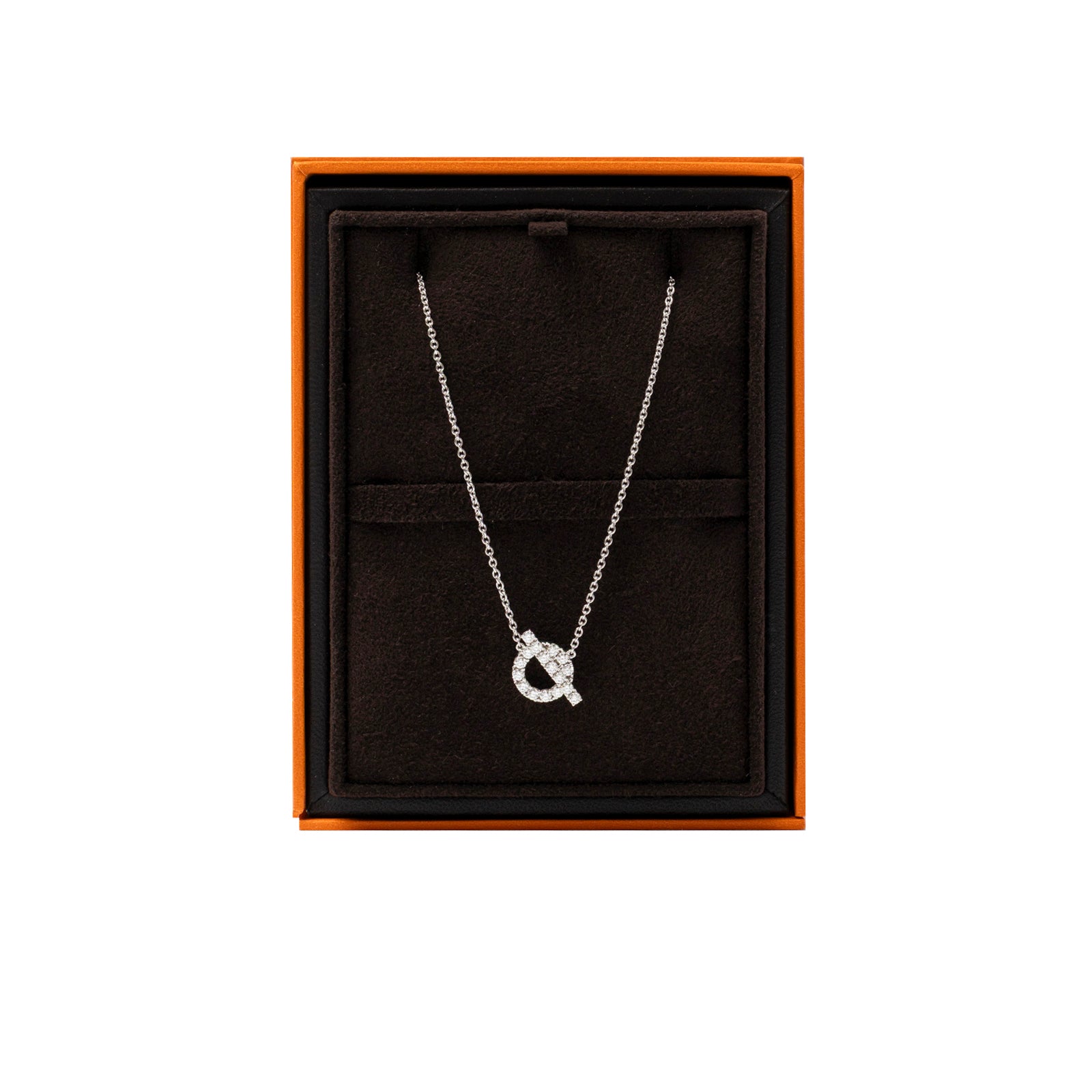 Front view of Hermès Finesse Pendant Diamonds and 18k White Gold displayed in black velvet-lined orange box