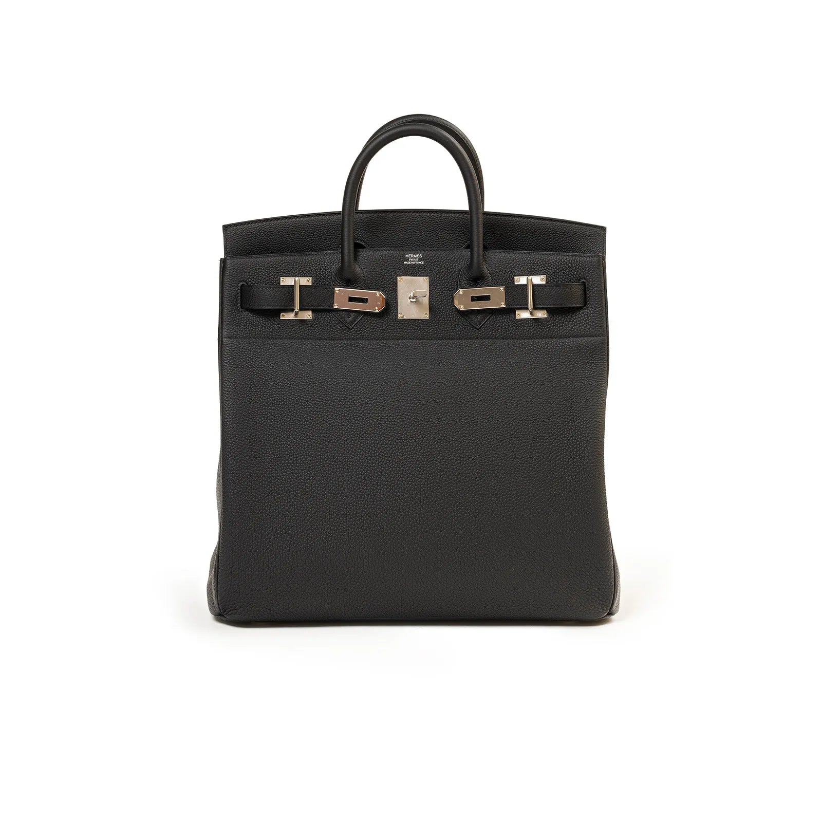 Front view of Hermès Hac Birkin 40 Black Togo with palladium hardware and smooth top handles.