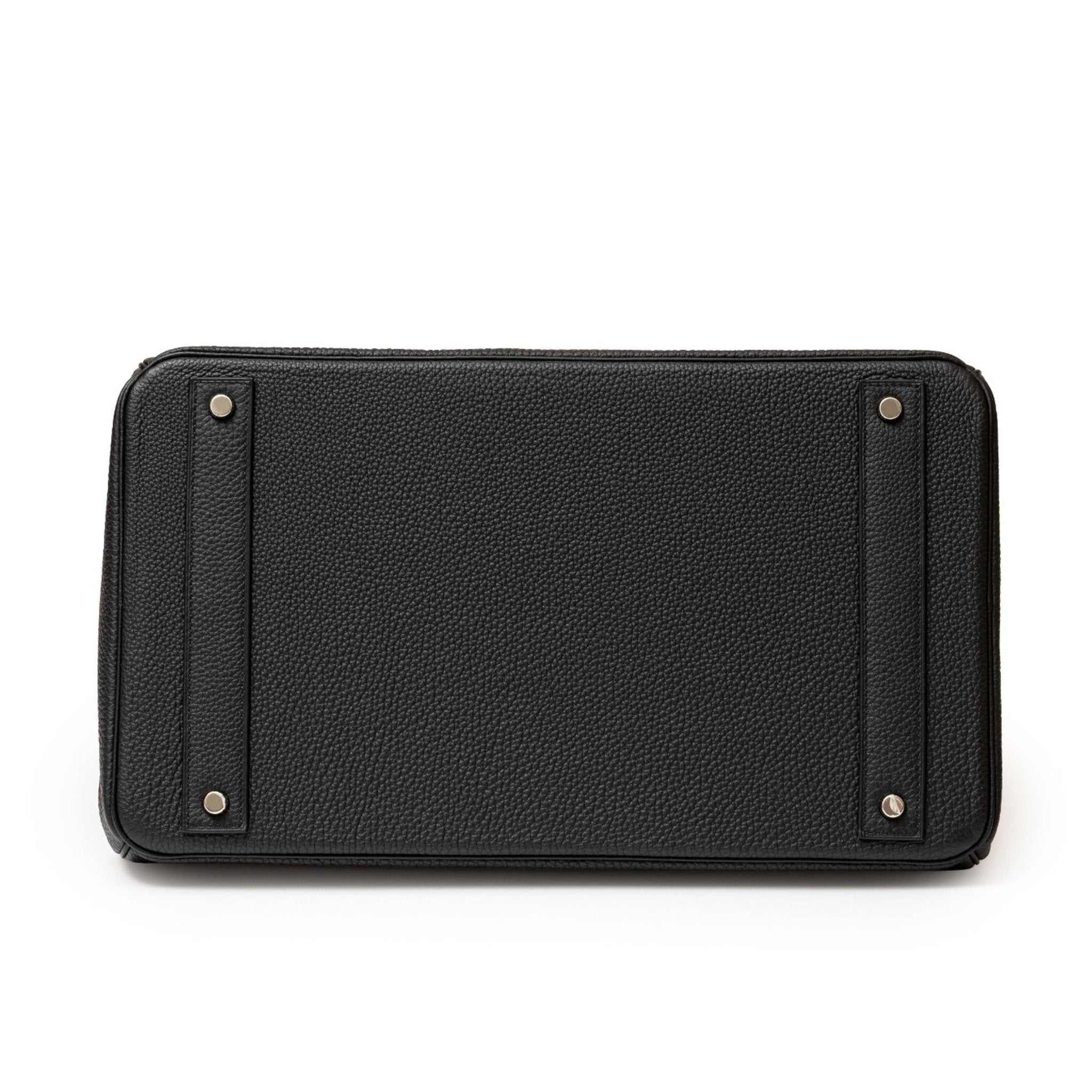 Bottom view of Hermès Hac Birkin 40 Black Togo Palladium Hardware showing leather and metal feet.