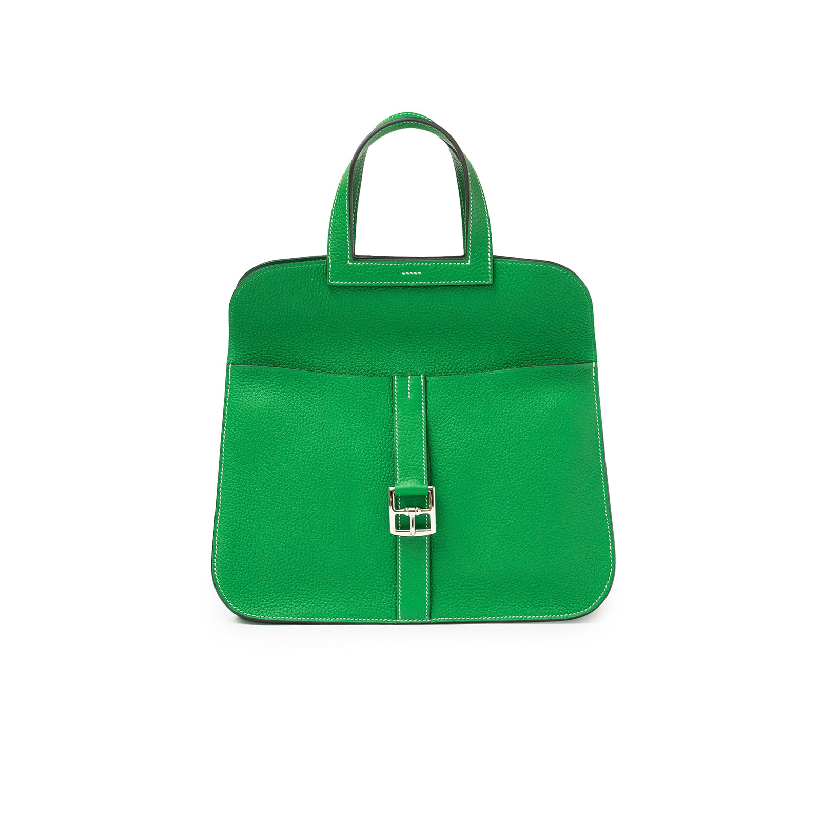 Front view of Hermès Halzan 31 Bambou Clemence Palladium Hardware showcasing vibrant green leather and palladium buckle detail