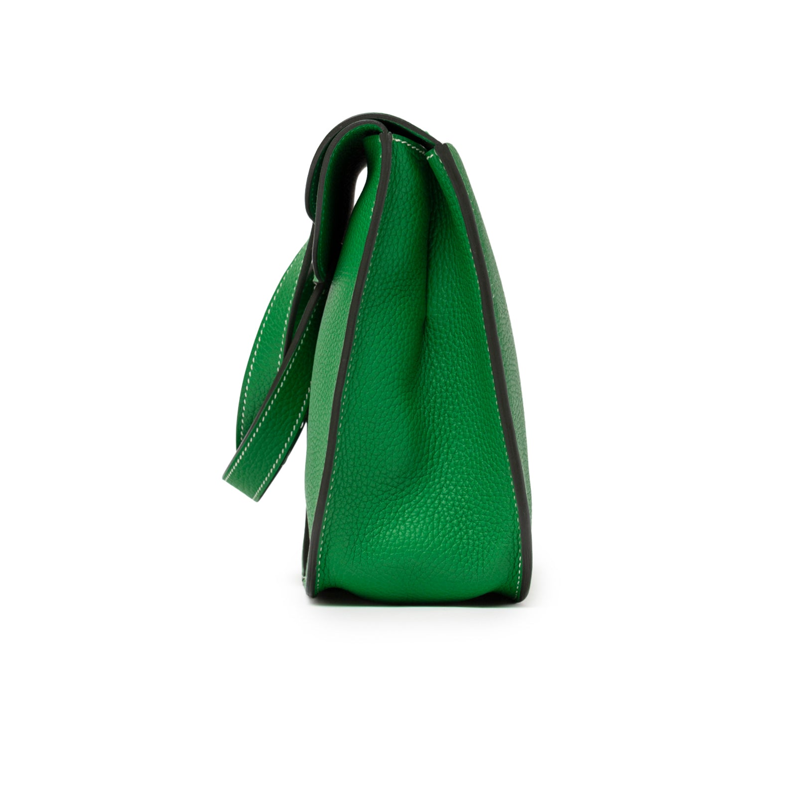 Side view of Hermès Halzan 31 Bambou Clemence Palladium Hardware showing pebbled leather texture and clean edges