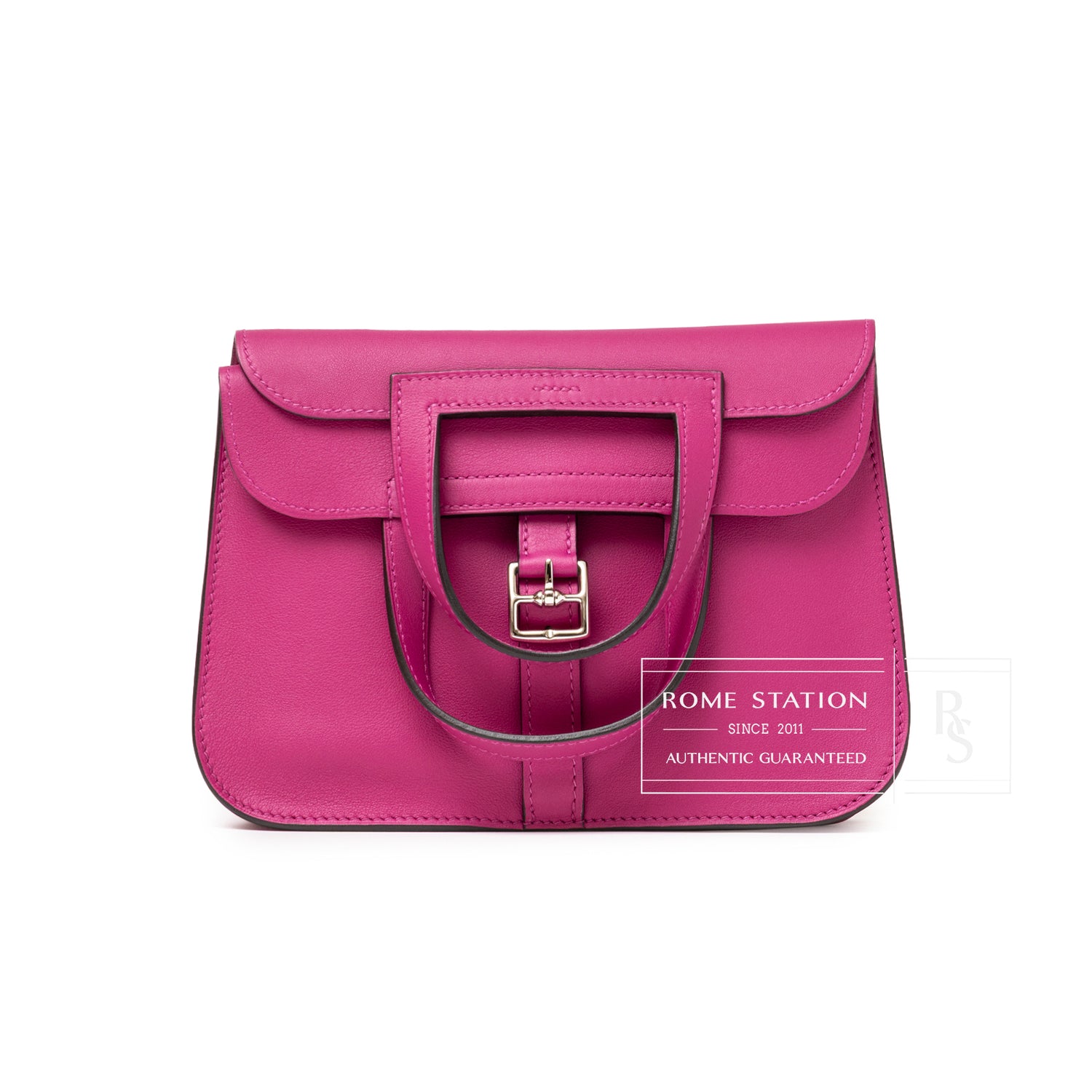 Front view of Hermès Halzan Mini Rose Pourpre Swift Palladium Hardware showing smooth leather and buckle detail