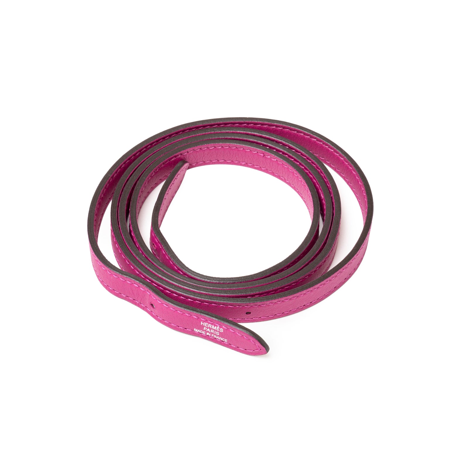 Rolled pink leather strap with stitching detail for Hermès Halzan Mini Rose Pourpre Swift Palladium Hardware