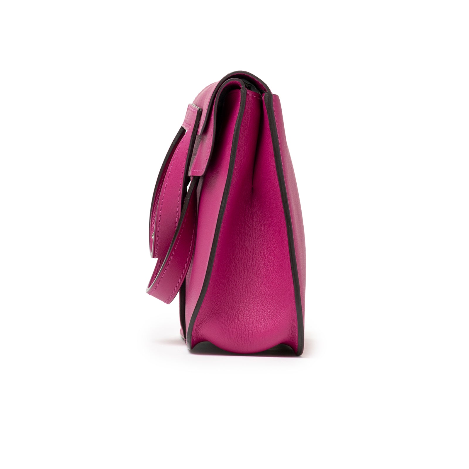 Side profile of Hermès Halzan Mini Rose Pourpre Swift Palladium Hardware showing smooth leather and structured silhouette
