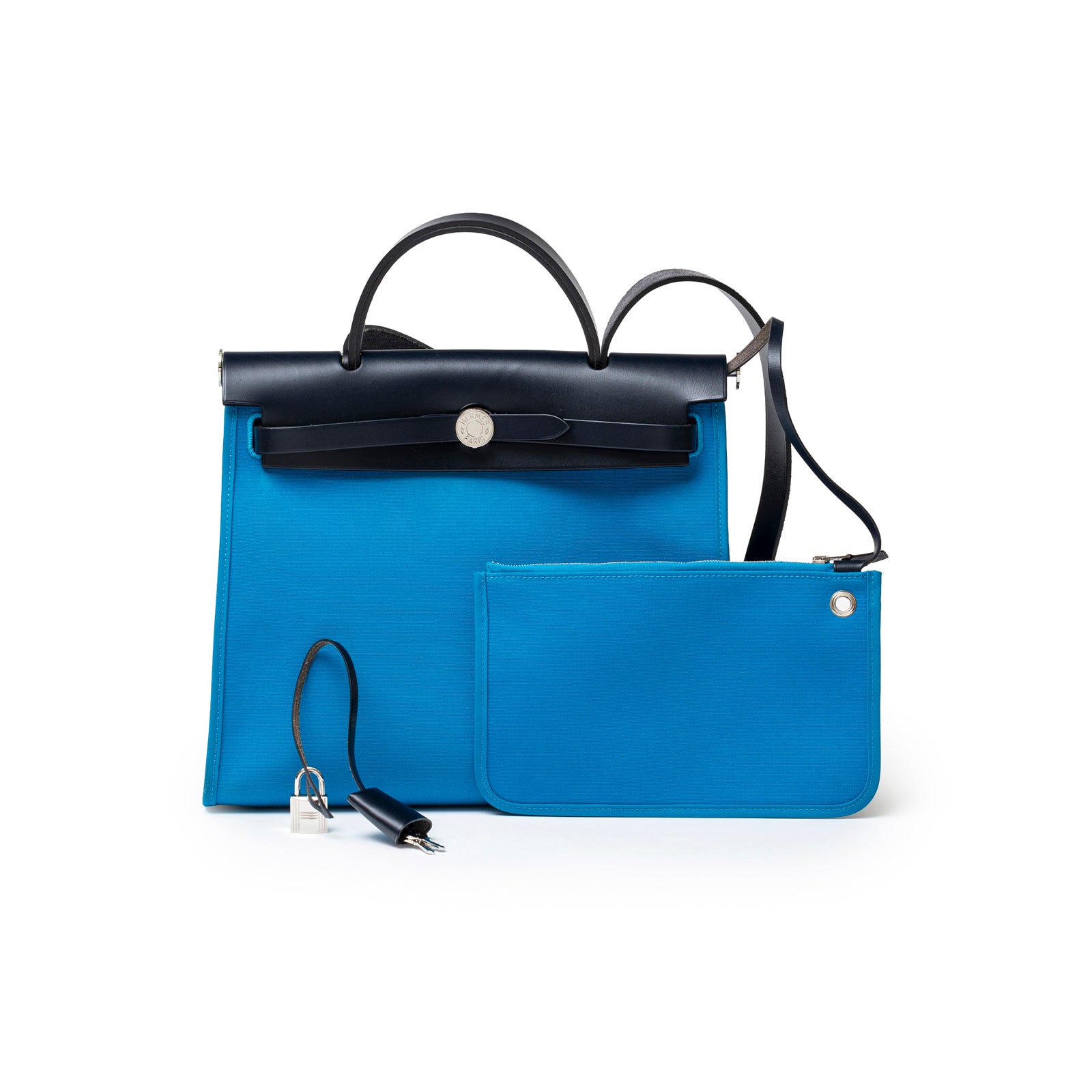 Front view of Hermès Herbag Zip PM 31 Blue Vache Hunter Palladium Hardware with matching pouch and lock detail