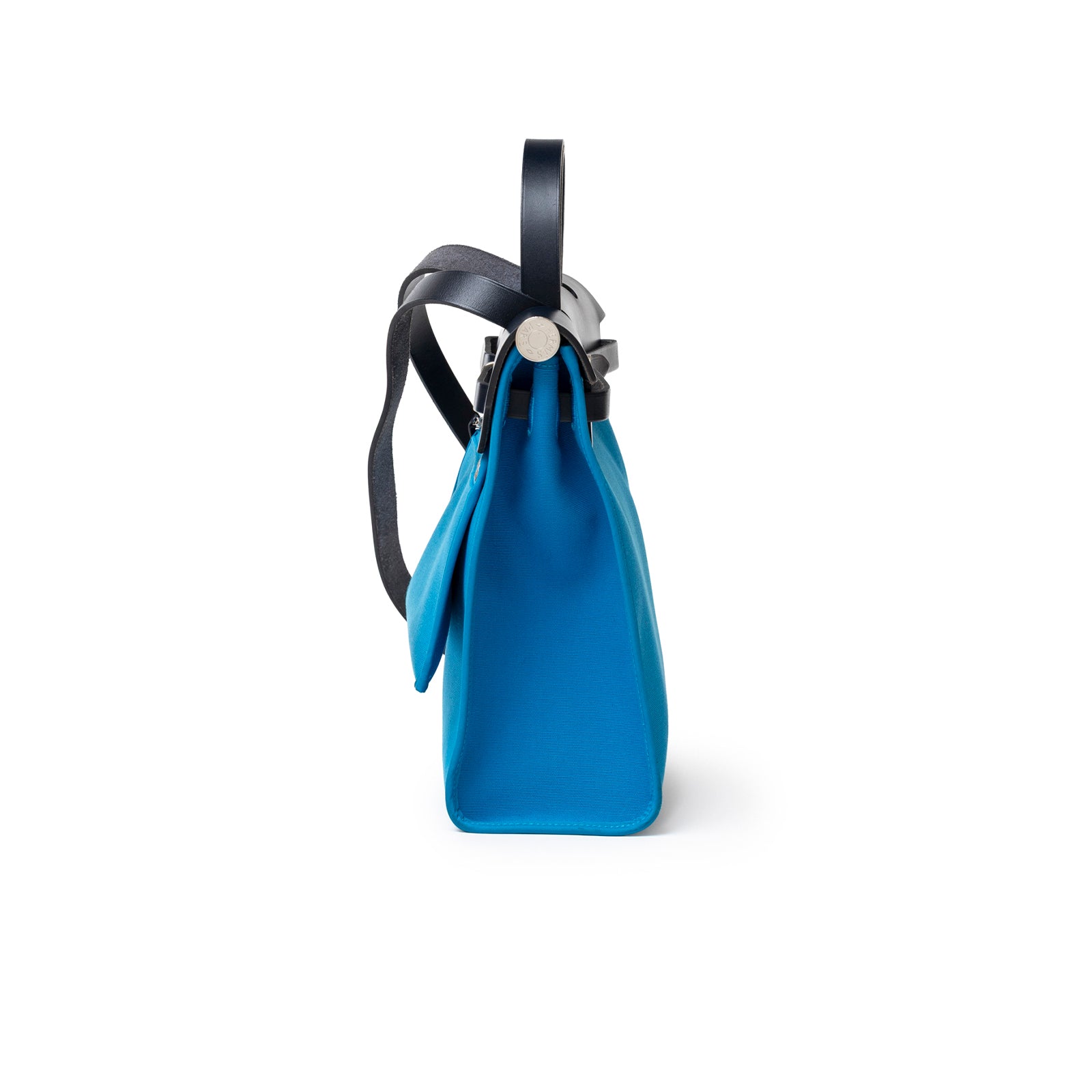 Side view of Hermès Herbag Zip PM 31 Blue Vache Hunter Palladium Hardware with black strap and smooth leather body