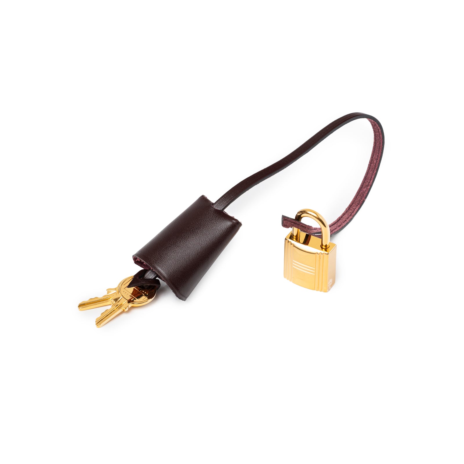 Lock and keys set in dark leather strap with gold hardware for Hermès Herbag Zip PM 31 Ecru and Beige Toile H Ebene Hunter Gold Hardware