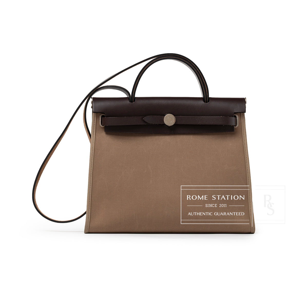 Hermès Herbag Zip PM 31 Etoupe Ebene Toile H Vache Hunter Palladium Hardware front view