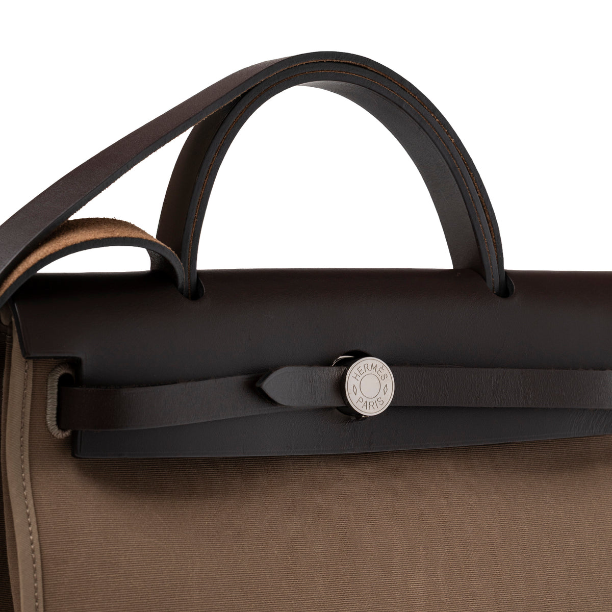 Hermès Herbag Zip PM 31 Etoupe Ebene Toile H Vache Hunter Palladium Hardware handle clasp detail