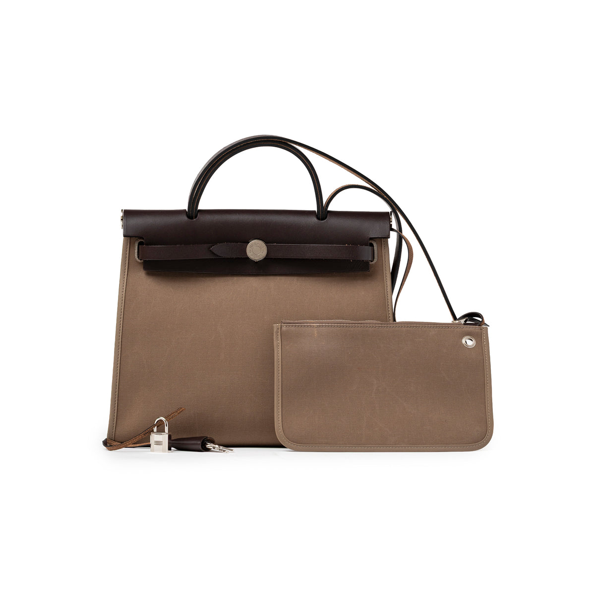 Hermès Herbag Zip PM 31 Etoupe Ebene Toile H Vache Hunter Palladium Hardware front view with pouch