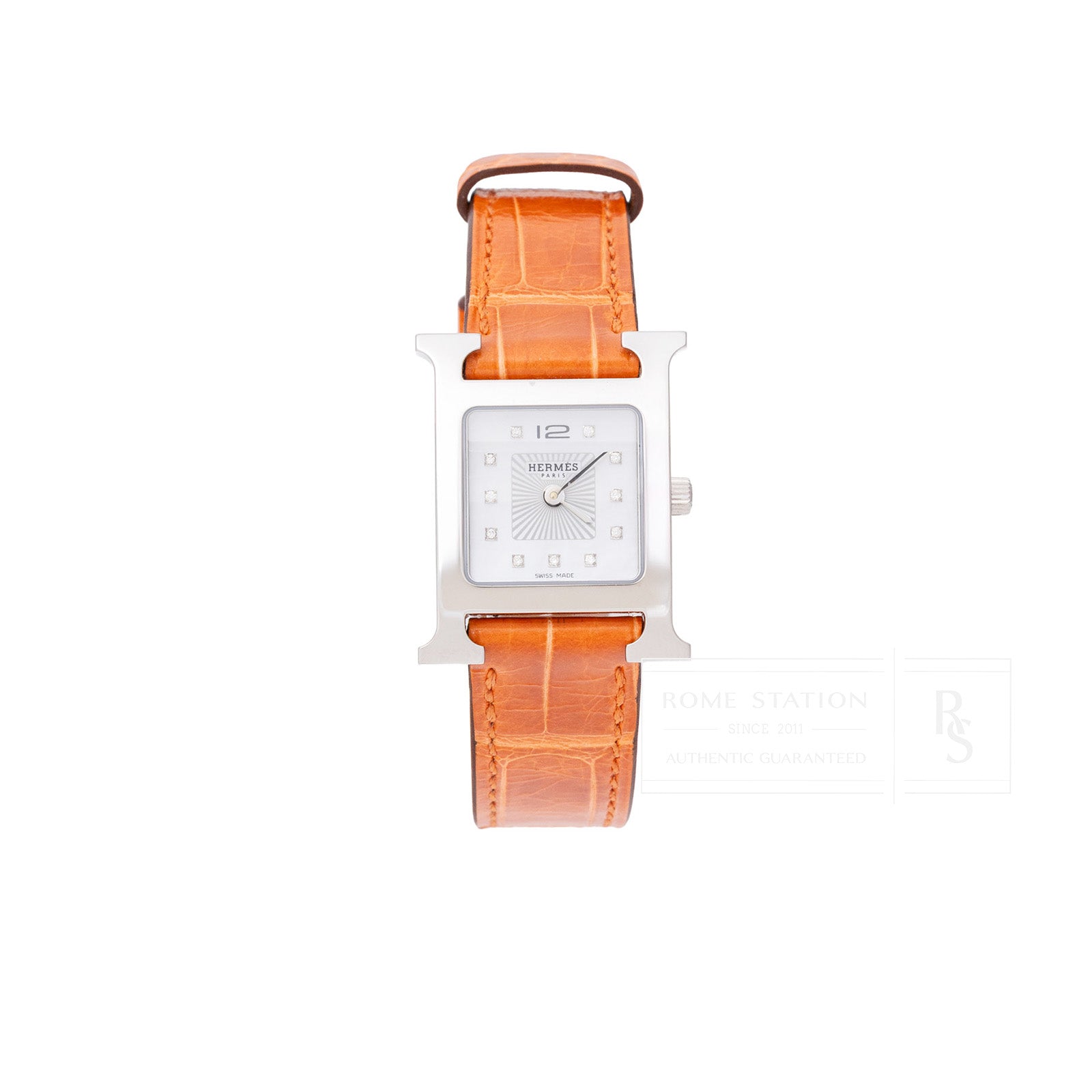 Hermès Heure H Watch 21mm Pearl Steel Orange Shiny Alligator + 2