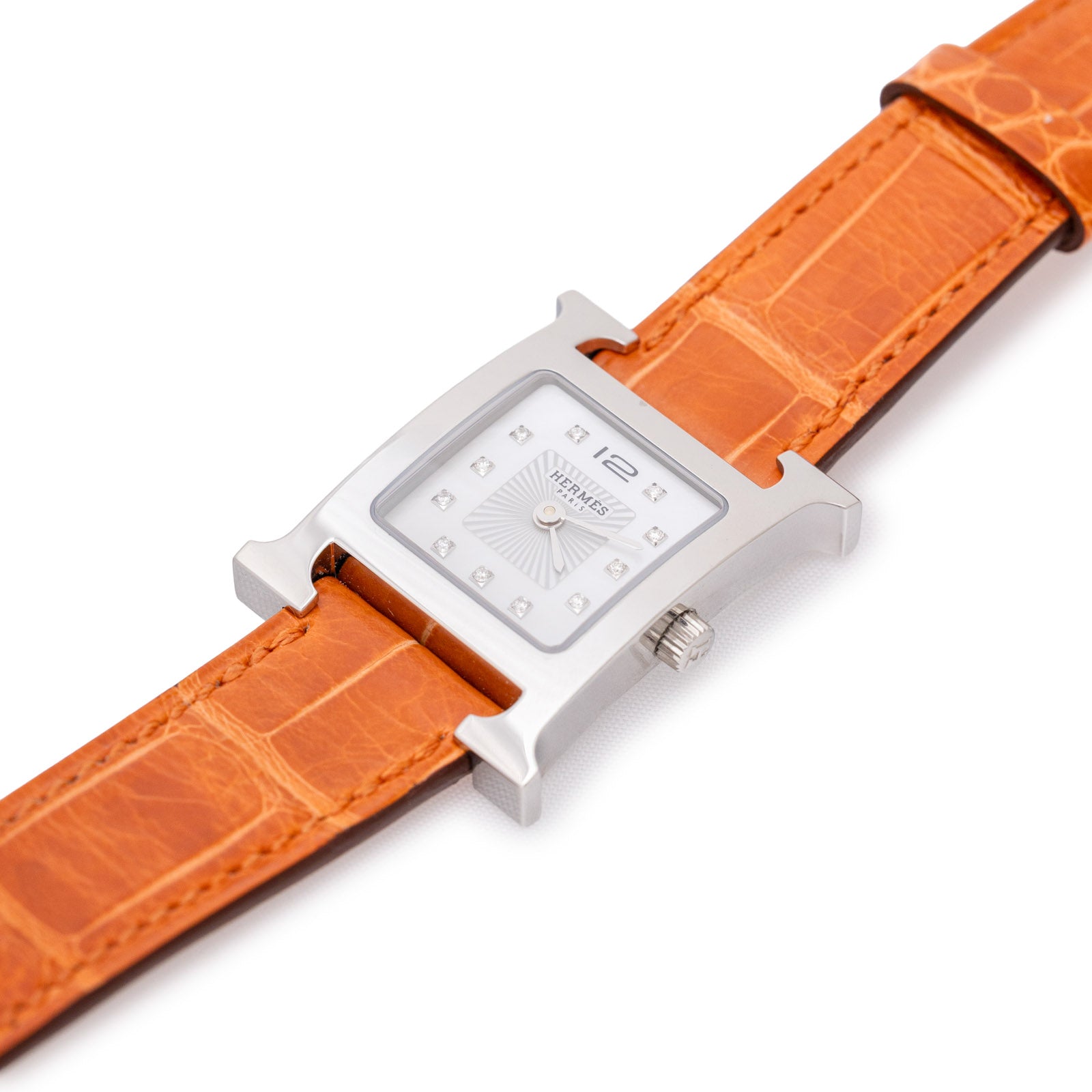 Hermès Heure H Watch 21mm Pearl Steel Orange Shiny Alligator + 2