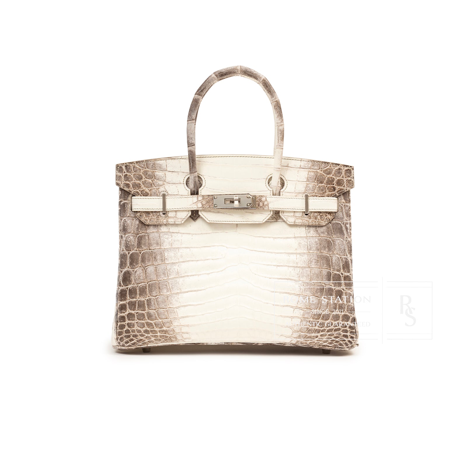 Front view of Hermès Himalaya Birkin 30 Matte Niloticus Crocodile Palladium Hardware handbag with gradient texture