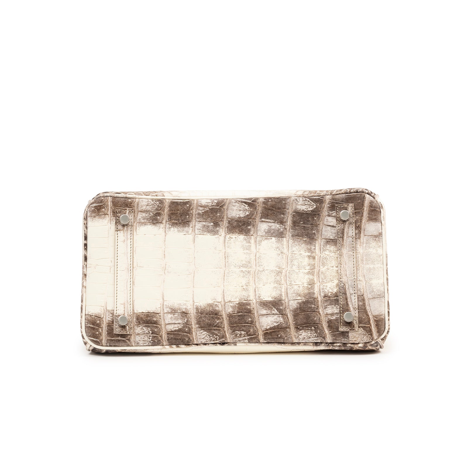 Bottom view of Hermès Himalaya Birkin 30 Matte Niloticus Crocodile Palladium Hardware showing textured leather and hardware details
