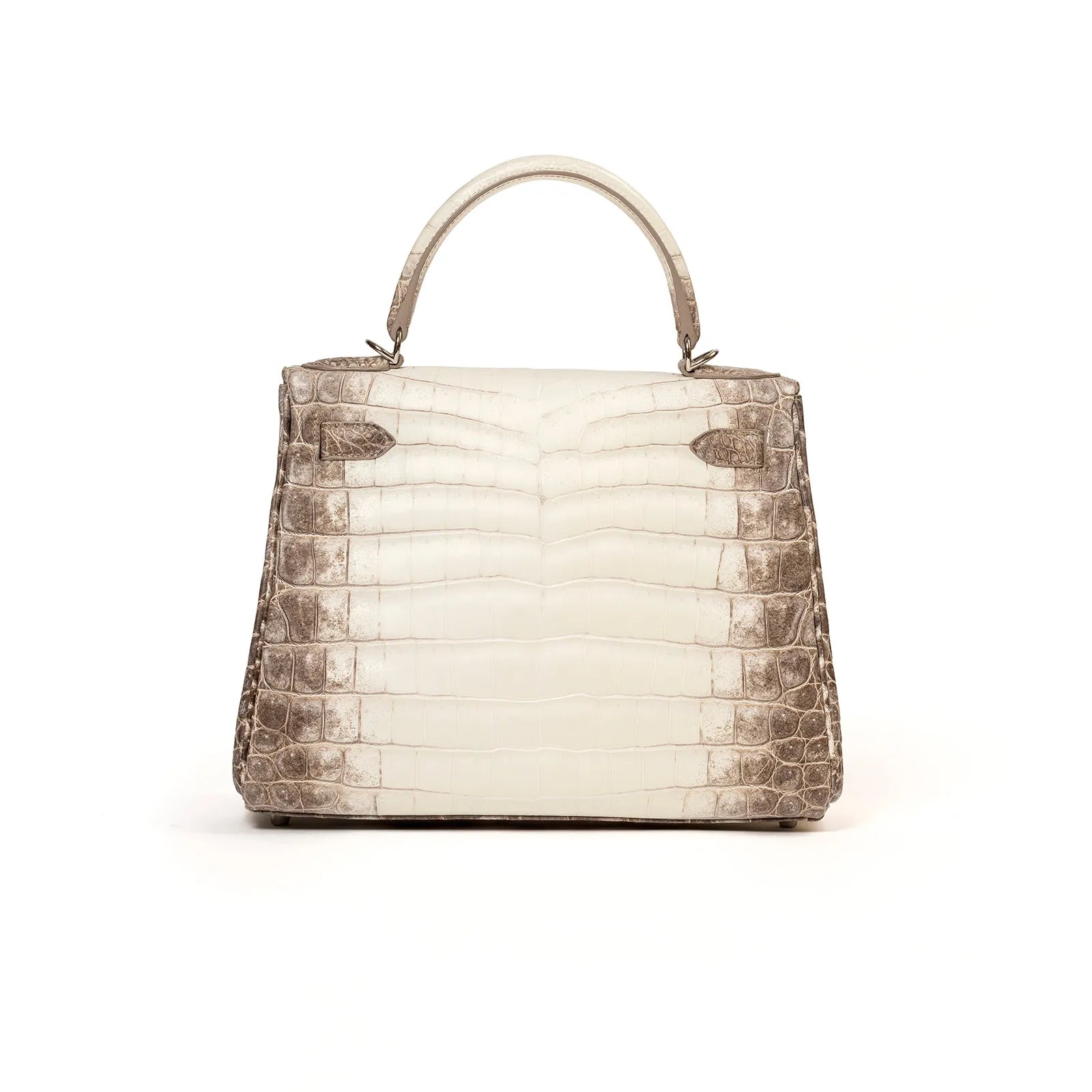 Front view of Hermès Himalaya Kelly 28 Retourne Blanc Matte Niloticus Crocodile Palladium Hardware handbag with browns and creams, structured design.