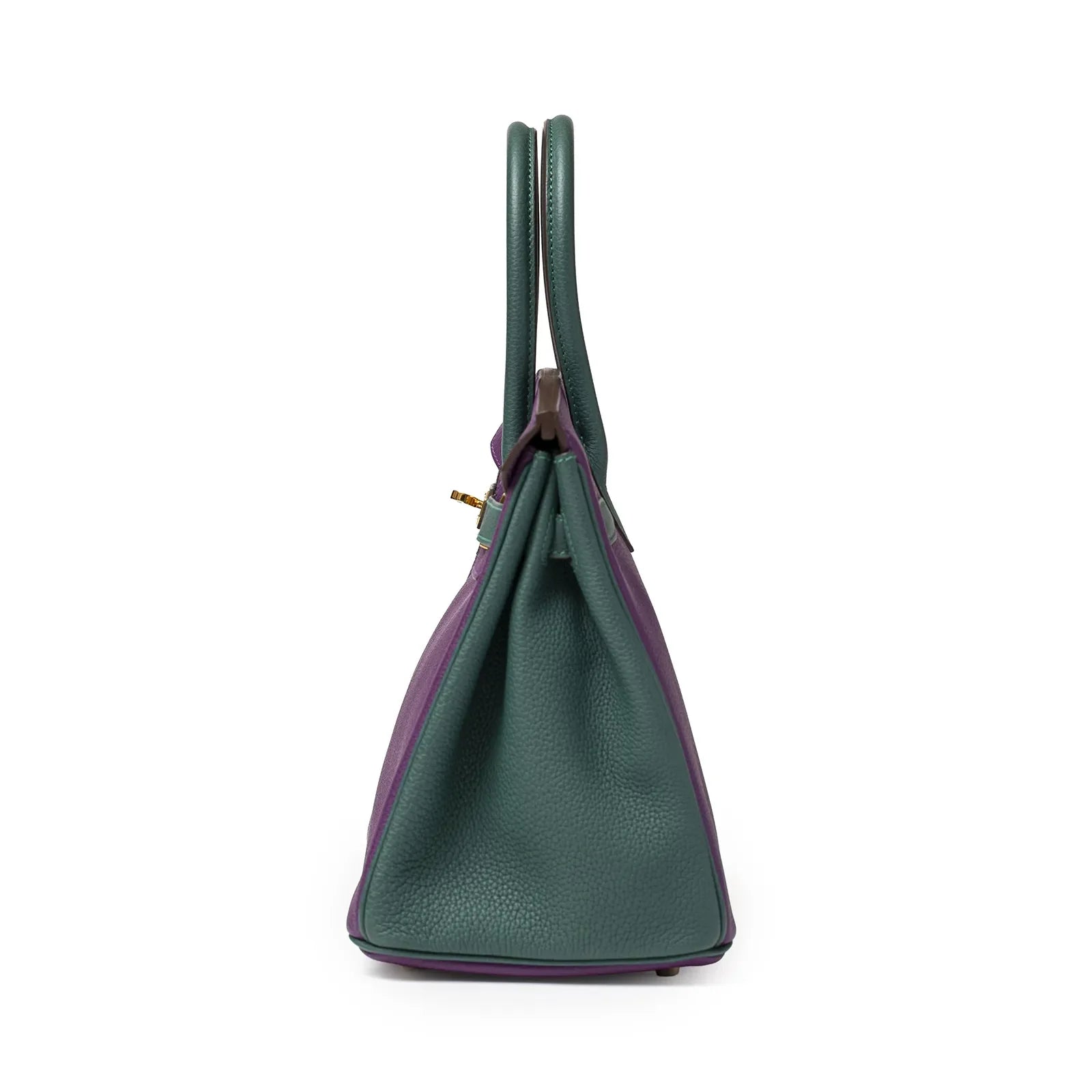 Side view of Hermès Horseshoe Birkin 30 Anemone Malachite Togo leather with gold hardware