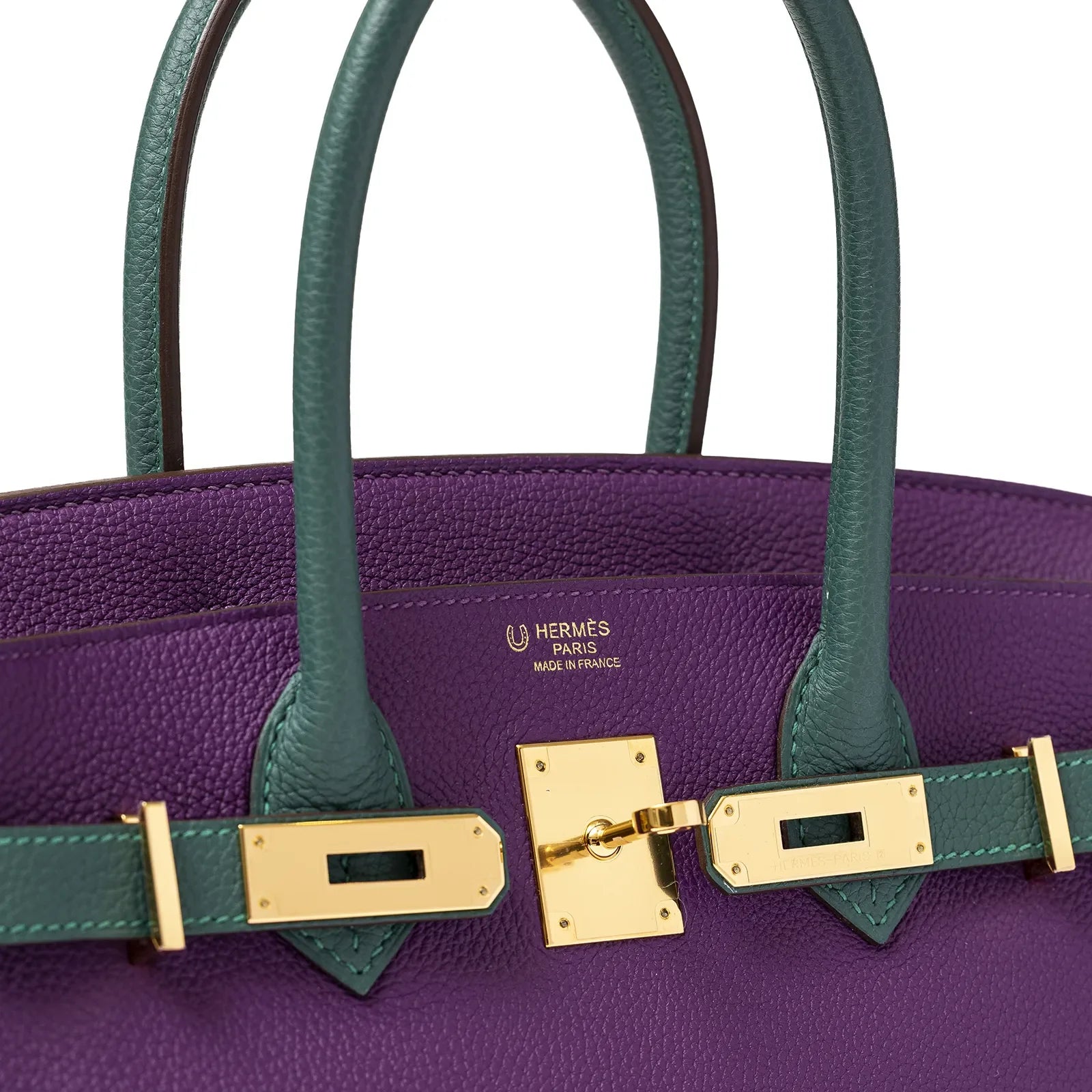 Close-up front view of Hermès Horseshoe Birkin 30 in anemone/malachite togo with gold hardware