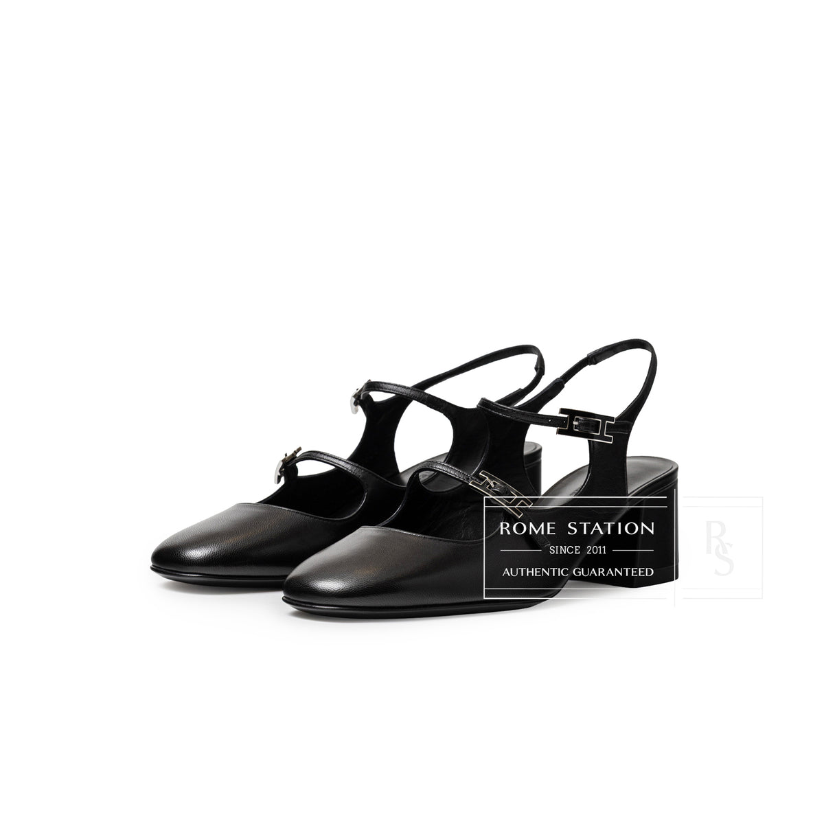 Hermès Jackie 50 Slingback Pump Black Goatskin angled pair view with pointed toes and slingback straps