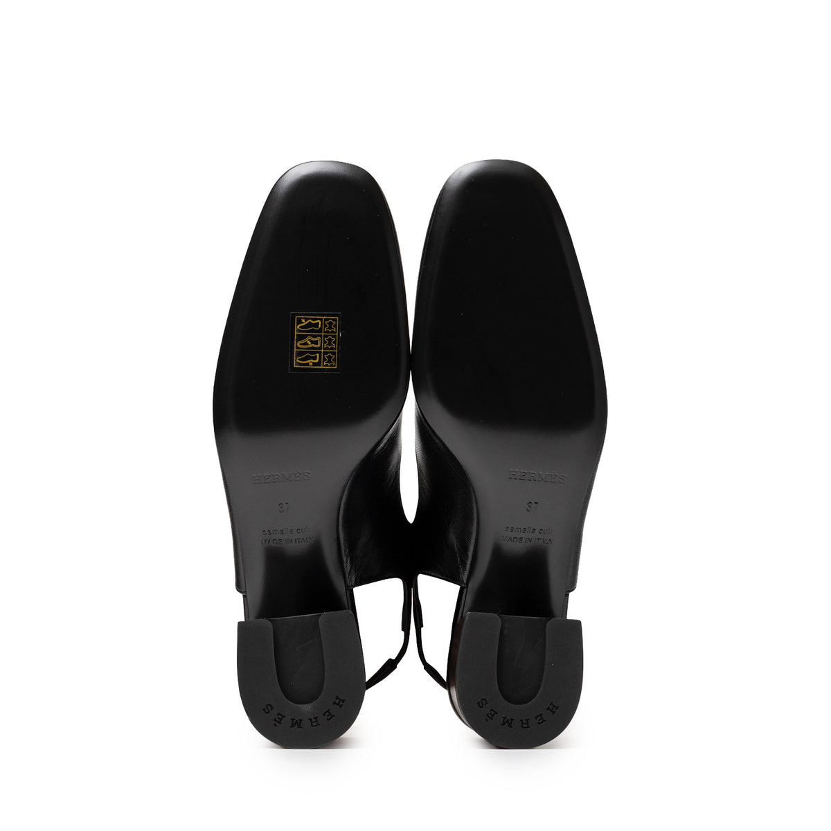 Hermès Jackie 50 Slingback Pump Black Goatskin underside view with soles and heel details
