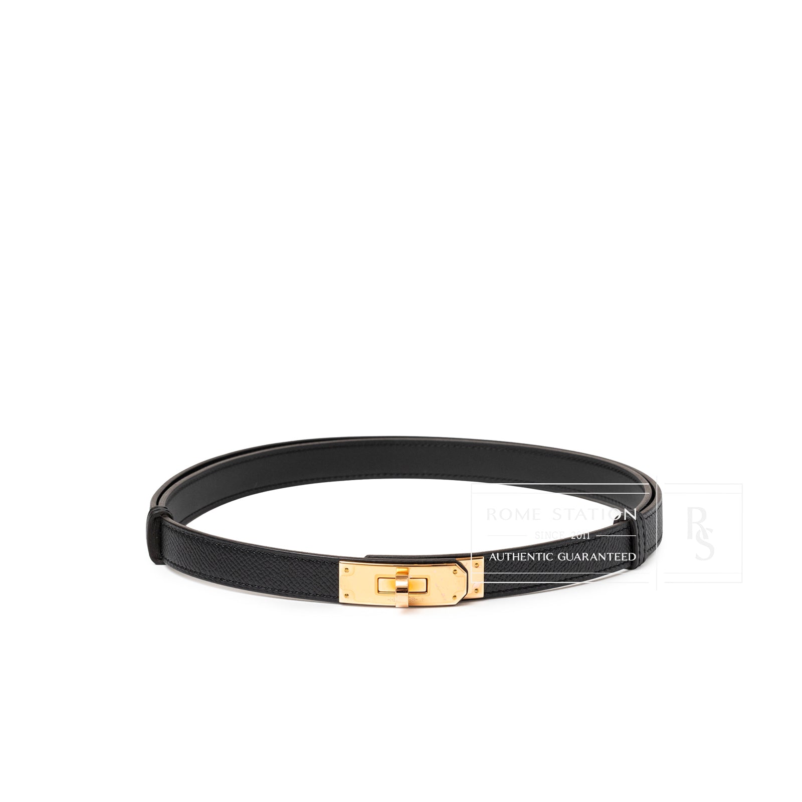 Hermès Kelly 18 Belt Black Epsom Rose Gold Hardware shown in a top-down angle highlighting its textured leather and polished clasp