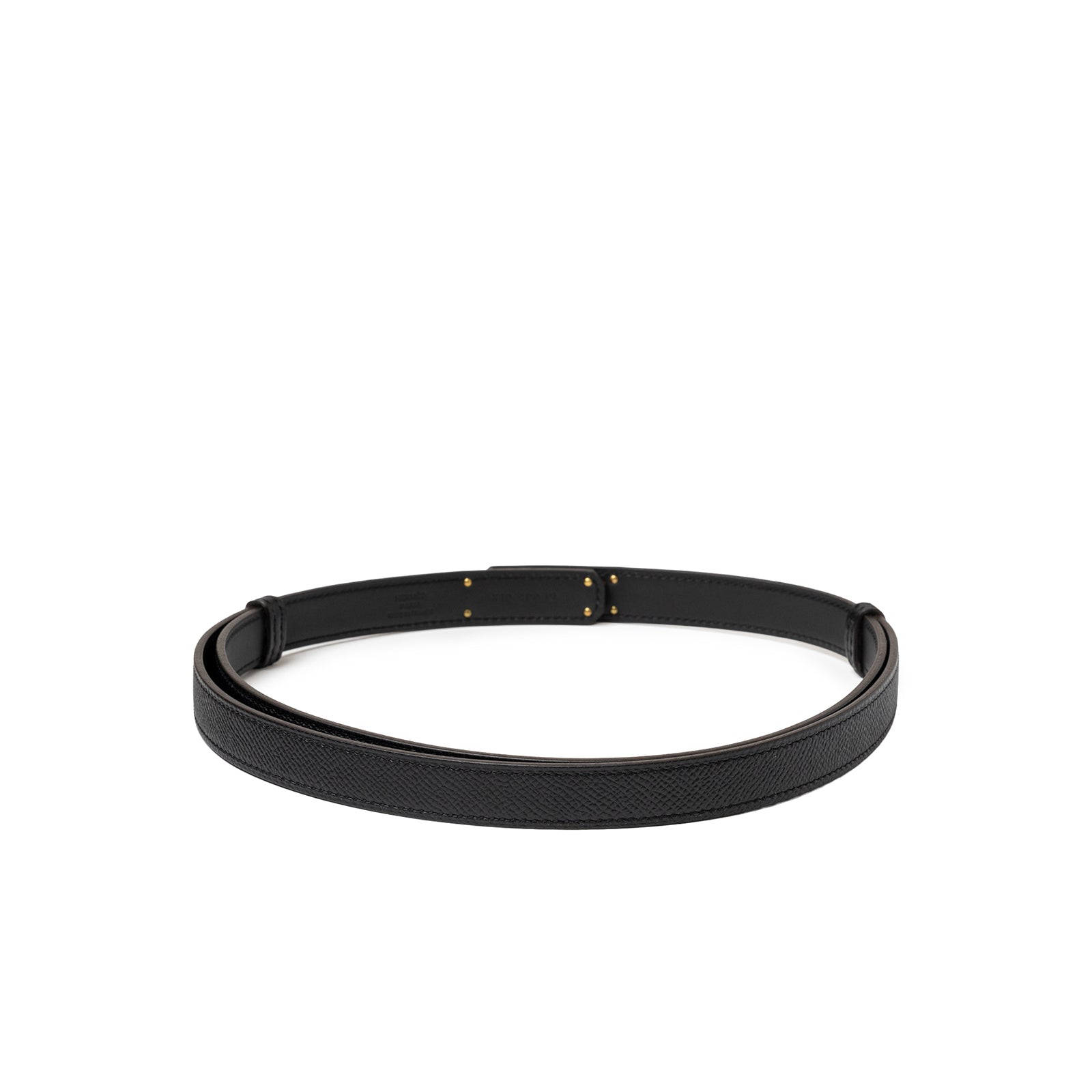 Back view of Hermès Kelly 18 Belt Black Epsom Rose Gold Hardware showing textured leather and clasp details.