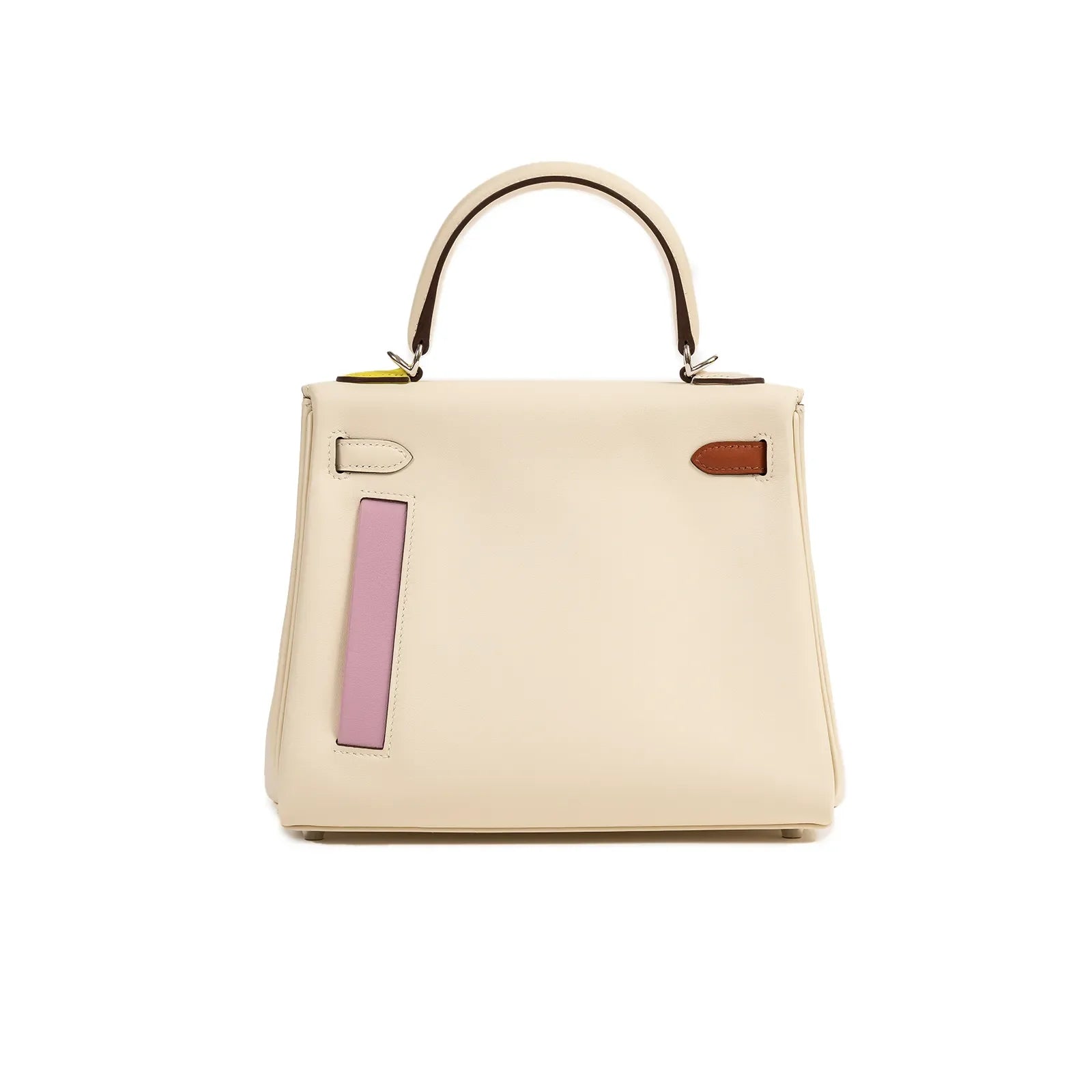 Back view of Hermès Kelly 25 bag in nata leather with mauve and cuivre accents and smooth top handle