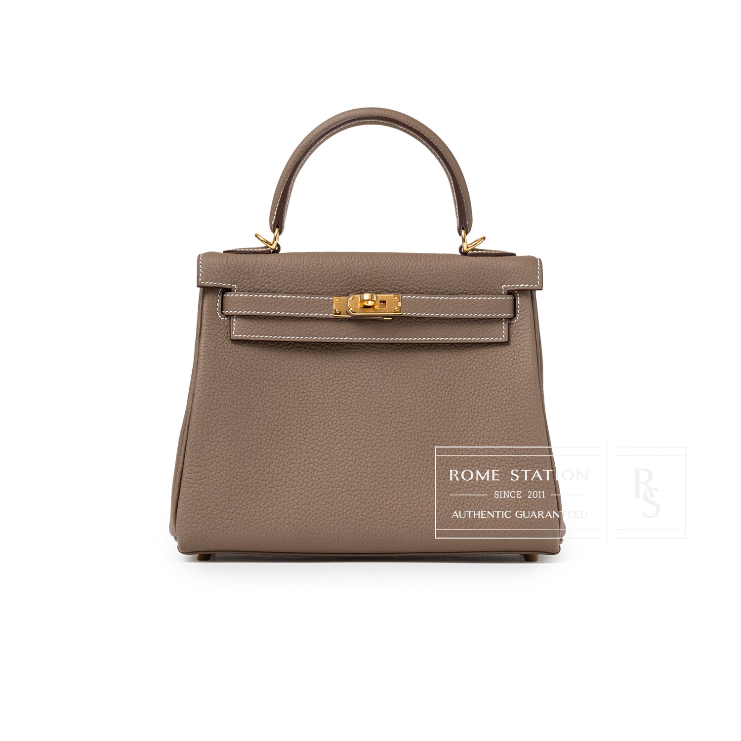 Hermès Kelly 25 Retourne Etoupe Togo Gold Hardware front view with structured silhouette and top handle