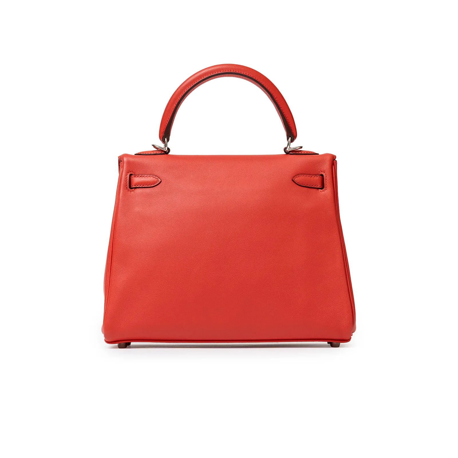 Back view of Hermès Kelly 25 Retourne Rouge Swift Palladium Hardware handbag with smooth leather finish